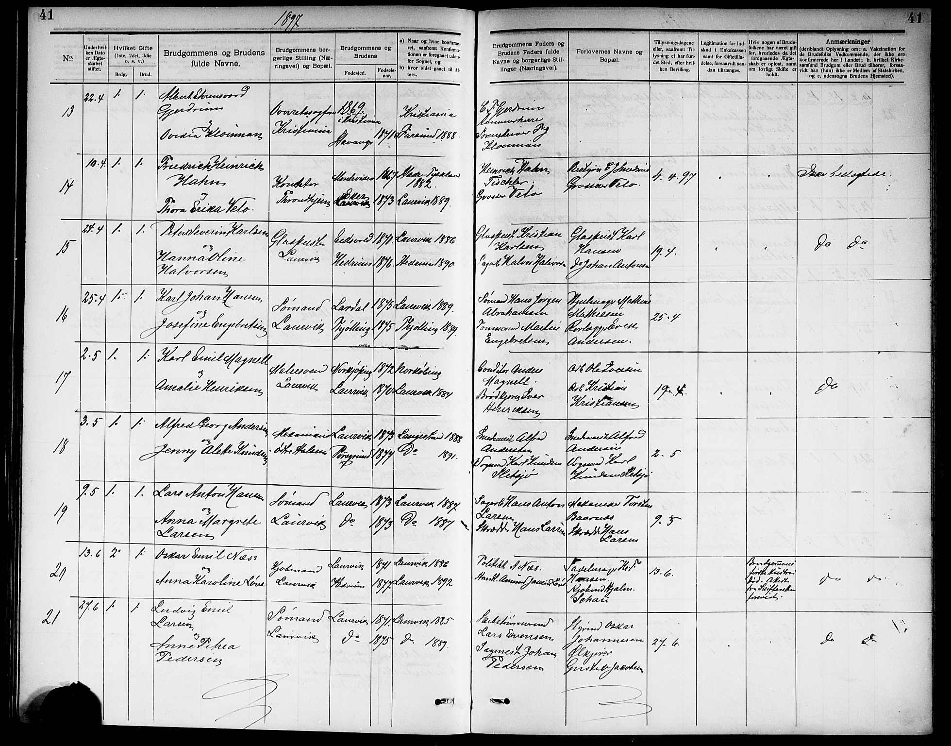 Larvik kirkebøker, SAKO/A-352/G/Ga/L0006: Parish register (copy) no. I 6, 1888-1917, p. 41