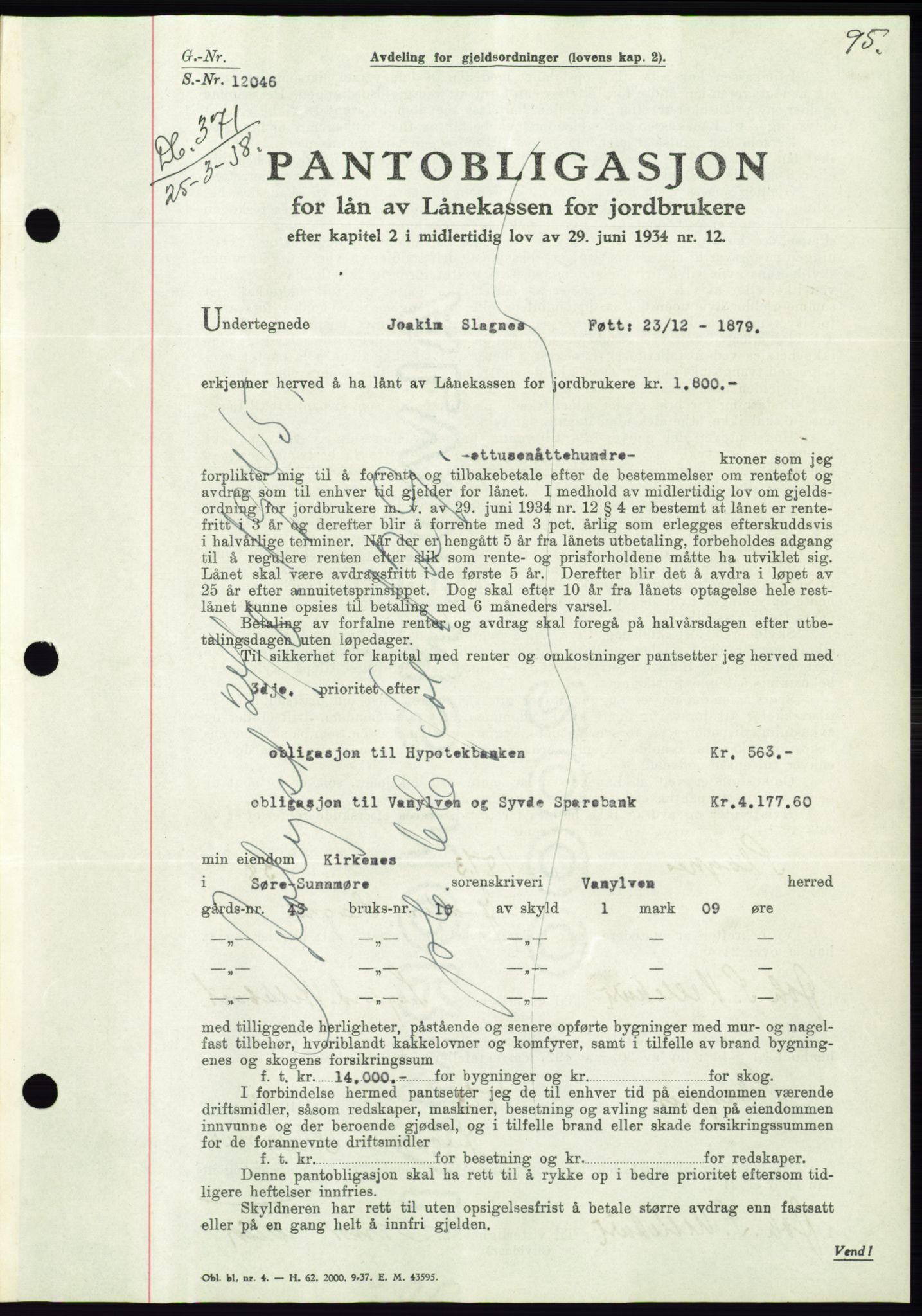 Søre Sunnmøre sorenskriveri, AV/SAT-A-4122/1/2/2C/L0065: Mortgage book no. 59, 1938-1938, Diary no: : 371/1938