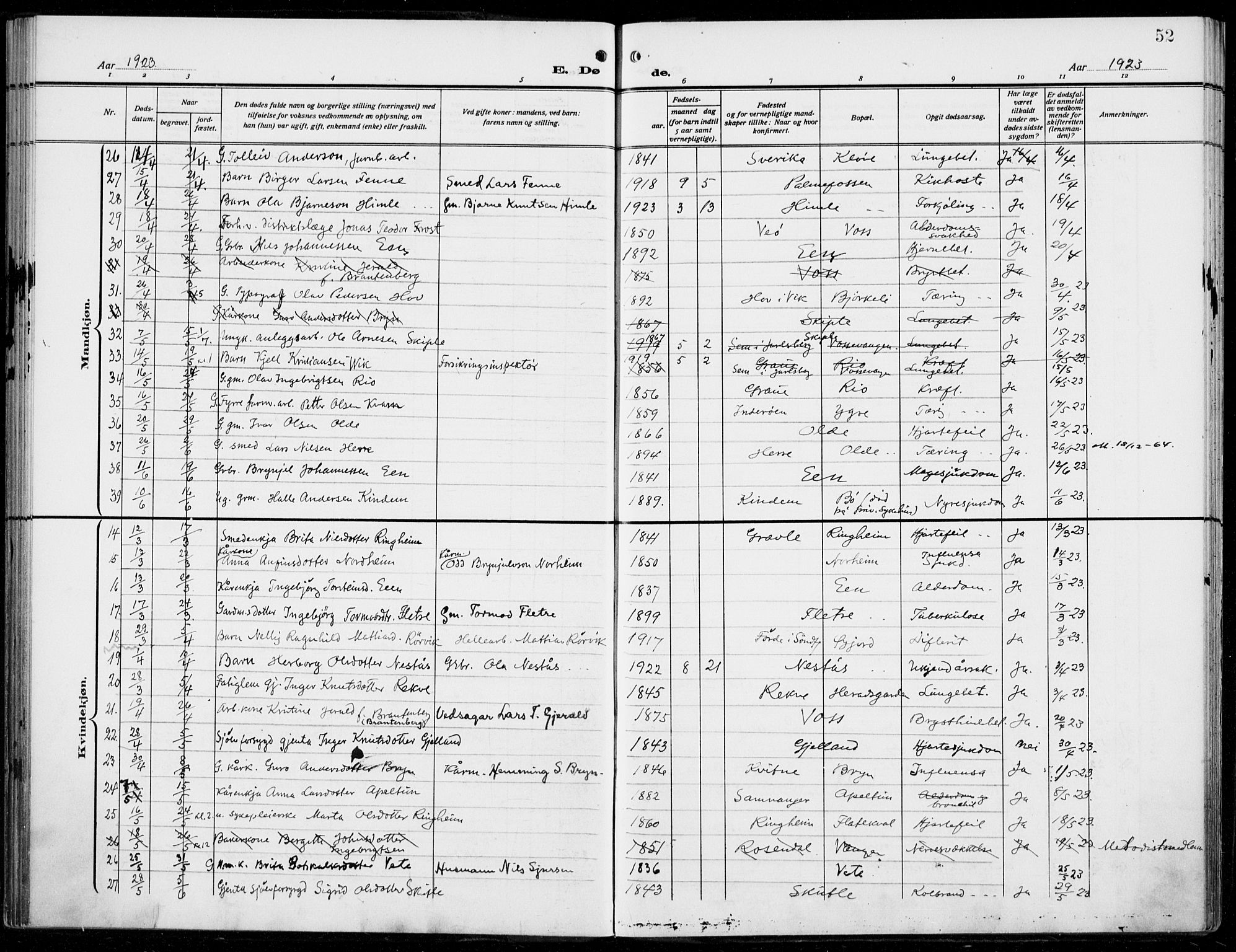 Voss sokneprestembete, AV/SAB-A-79001/H/Haa: Parish register (official) no. D  2, 1910-1932, p. 52