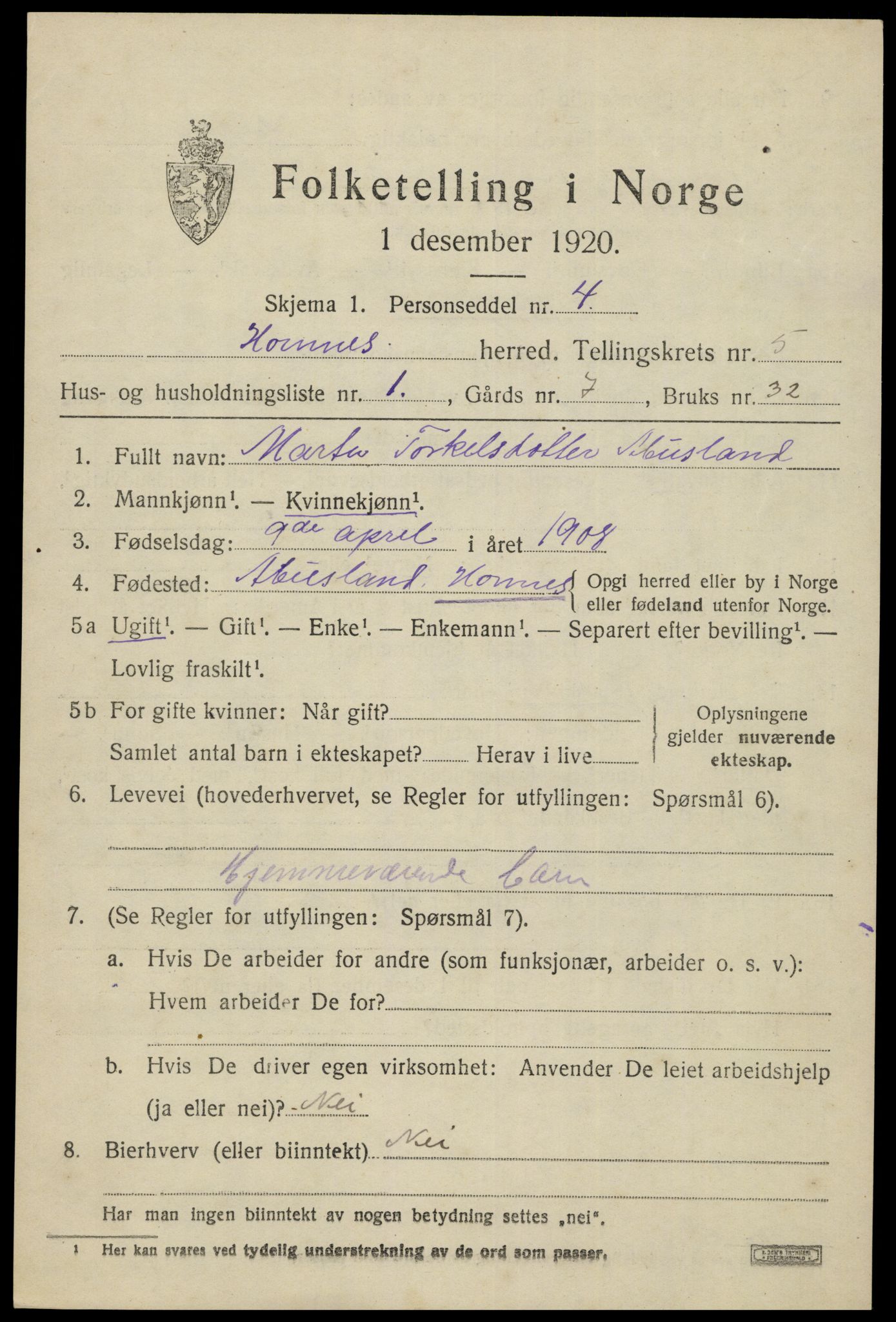 SAK, 1920 census for Hornnes, 1920, p. 1341