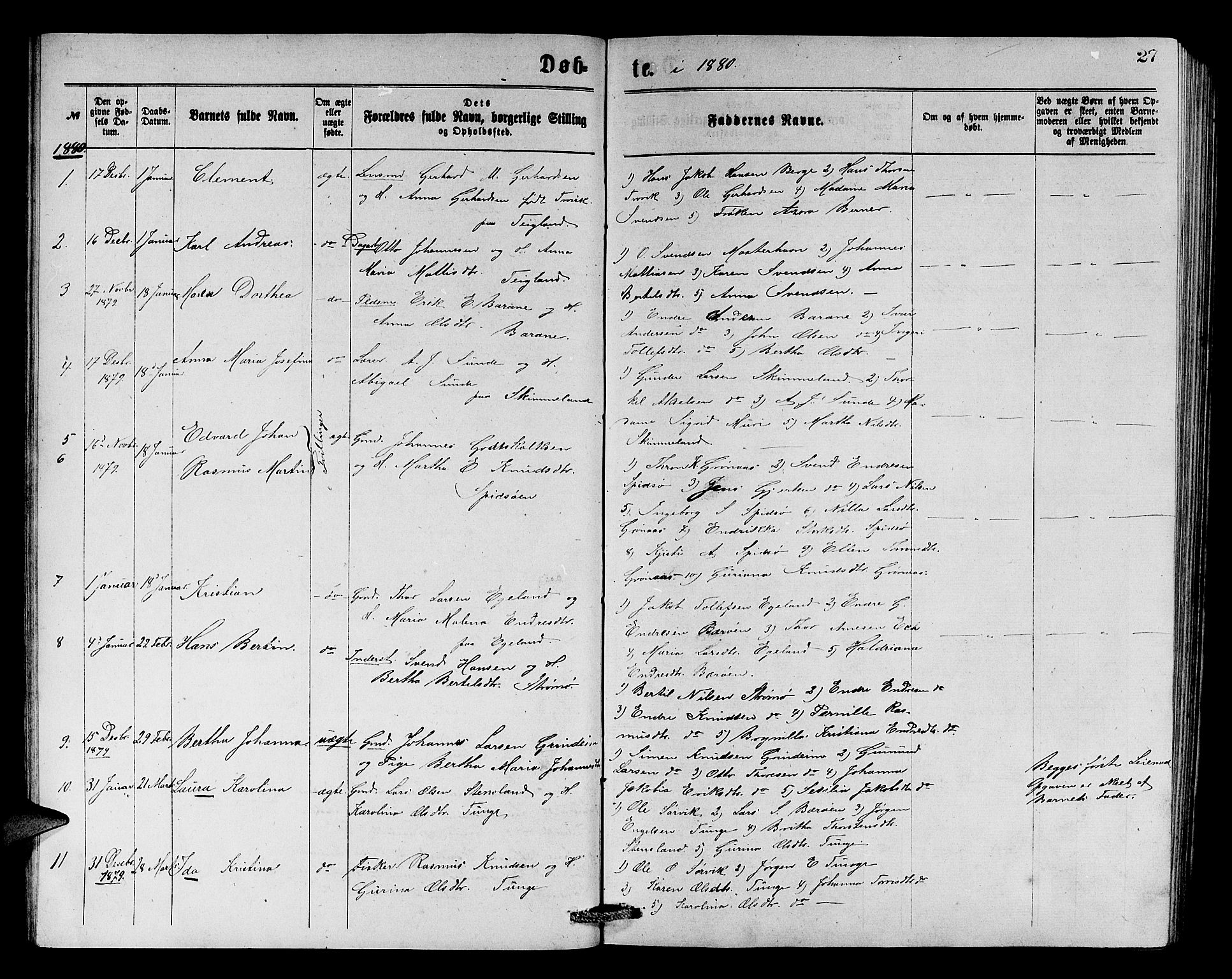 Finnås sokneprestembete, SAB/A-99925/H/Ha/Hab/Haba/L0002: Parish register (copy) no. A 2, 1873-1882, p. 27