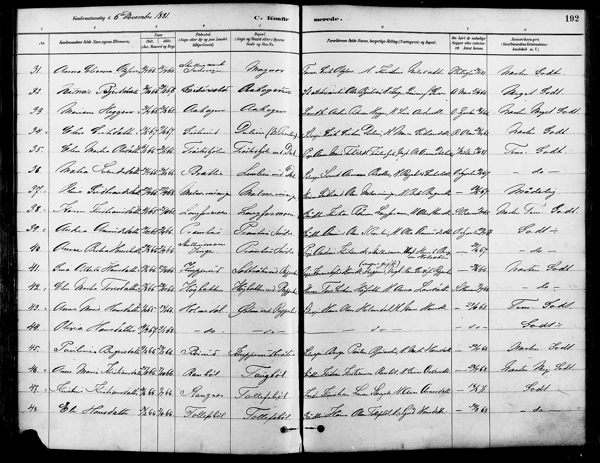 Eidskog prestekontor, AV/SAH-PREST-026/H/Ha/Haa/L0003: Parish register (official) no. 3, 1879-1892, p. 192