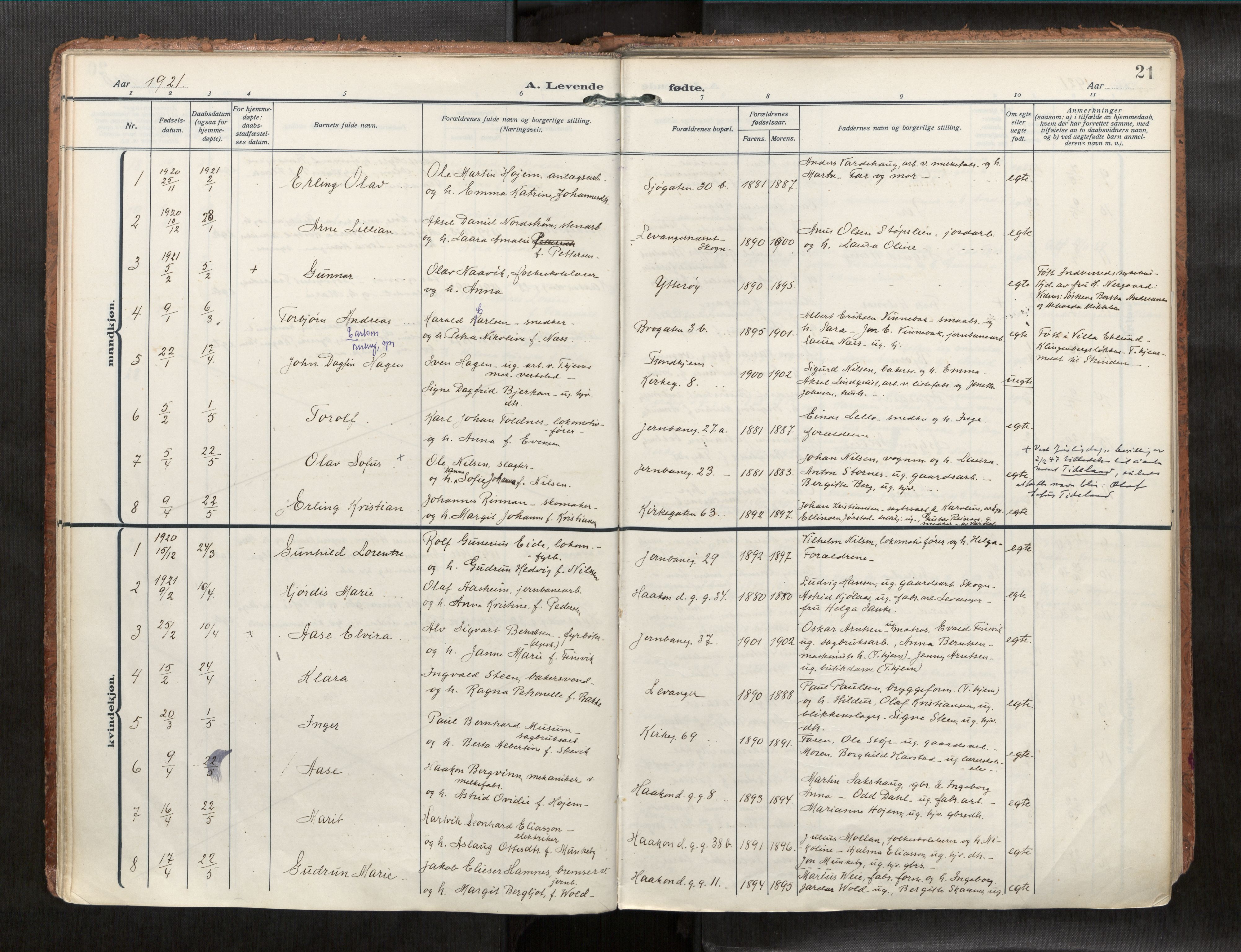 Levanger sokneprestkontor, SAT/A-1301/2/H/Haa/L0001: Parish register (official) no. 1, 1912-1932, p. 21