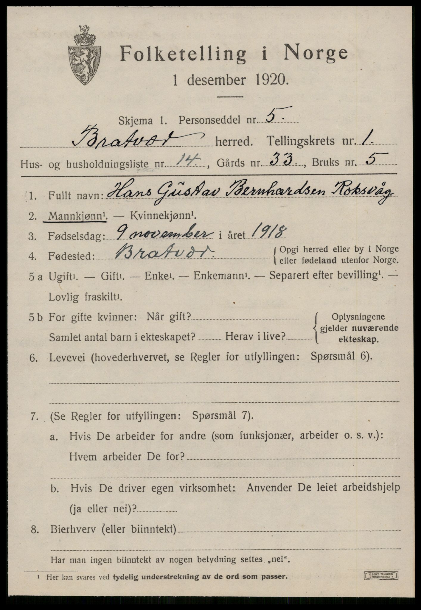 SAT, 1920 census for Brattvær, 1920, p. 782