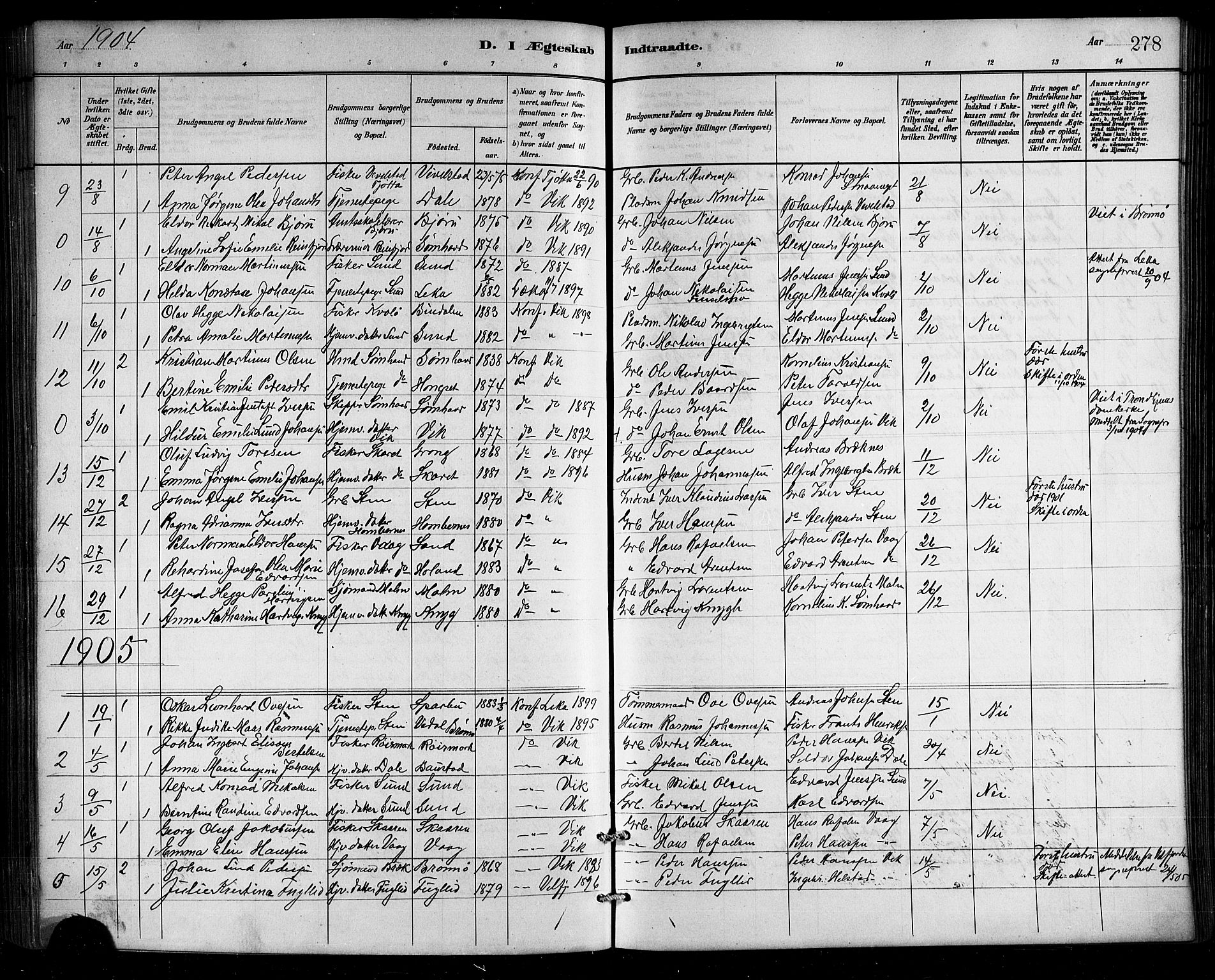 Ministerialprotokoller, klokkerbøker og fødselsregistre - Nordland, SAT/A-1459/812/L0188: Parish register (copy) no. 812C06, 1884-1912, p. 278