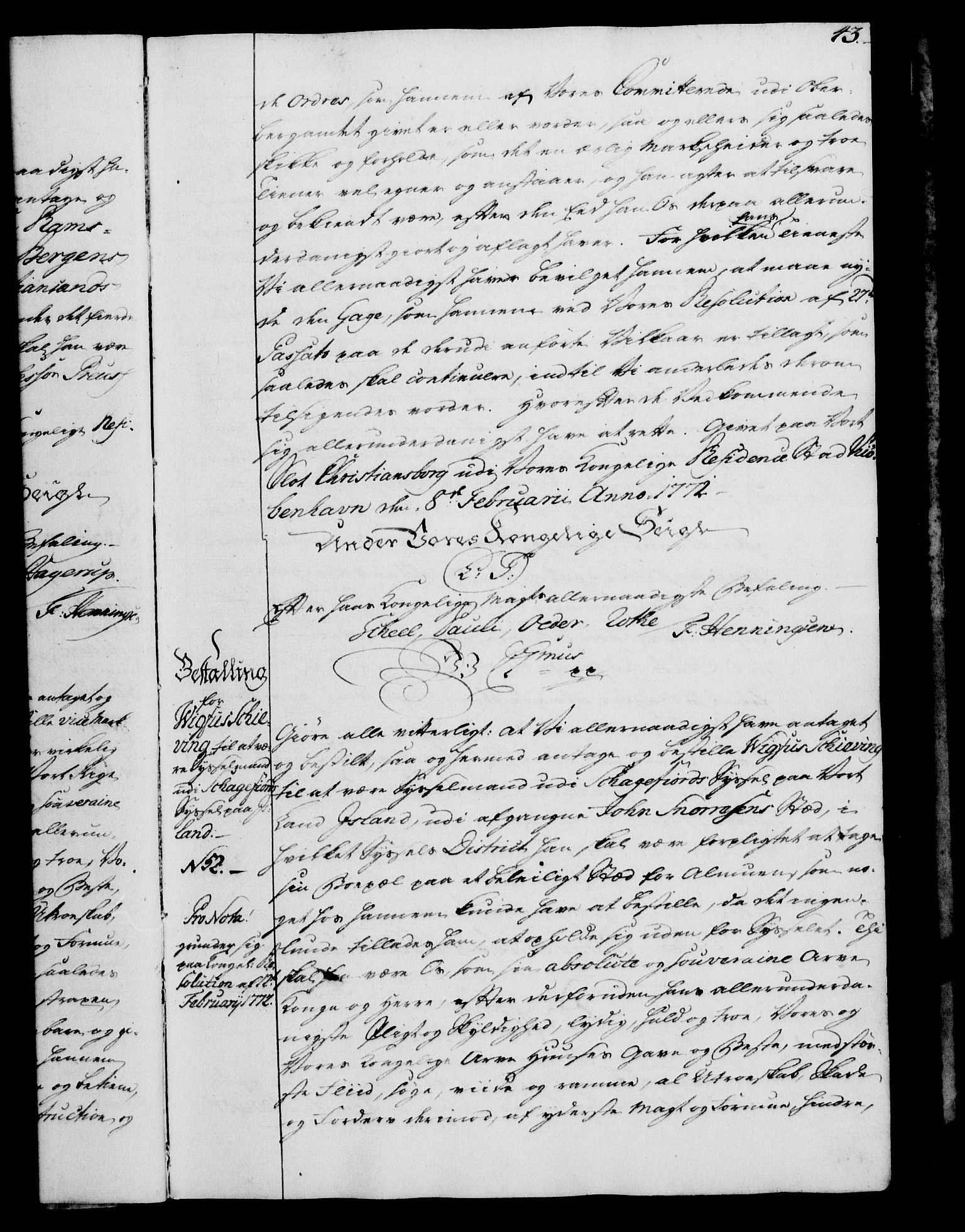 Rentekammeret, Kammerkanselliet, RA/EA-3111/G/Gg/Gge/L0005: Norsk bestallingsprotokoll med register (merket RK 53.29), 1771-1773, p. 43