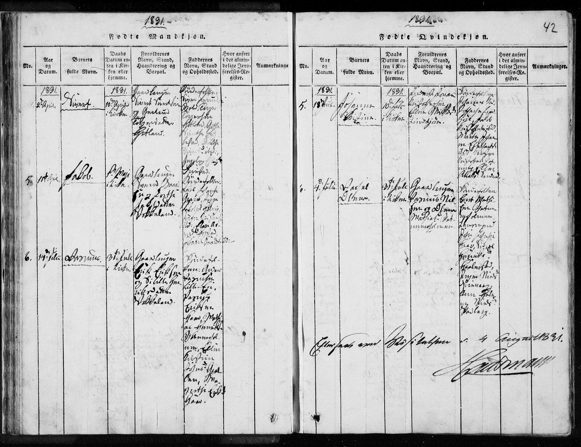 Eigersund sokneprestkontor, AV/SAST-A-101807/S08/L0008: Parish register (official) no. A 8, 1816-1847, p. 42