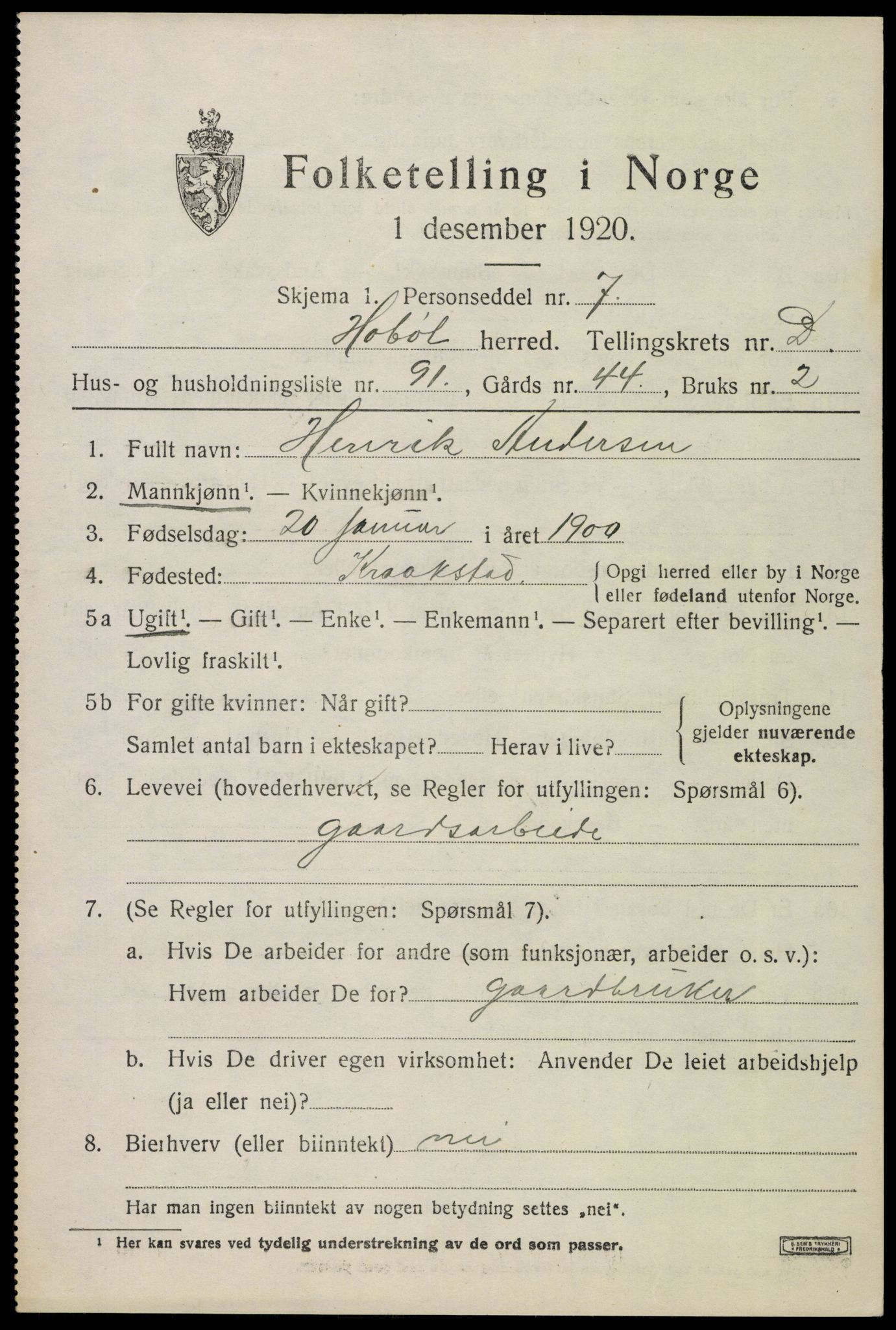 SAO, 1920 census for Hobøl, 1920, p. 3908