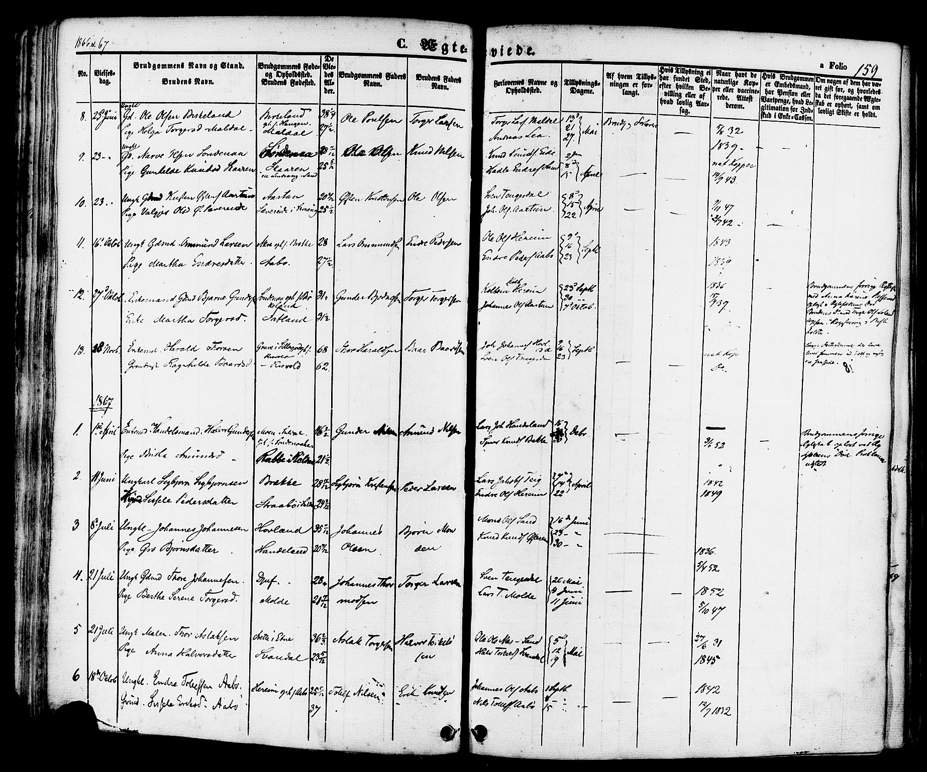 Sand sokneprestkontor, AV/SAST-A-101848/01/III/L0004: Parish register (official) no. A 4, 1859-1880, p. 159