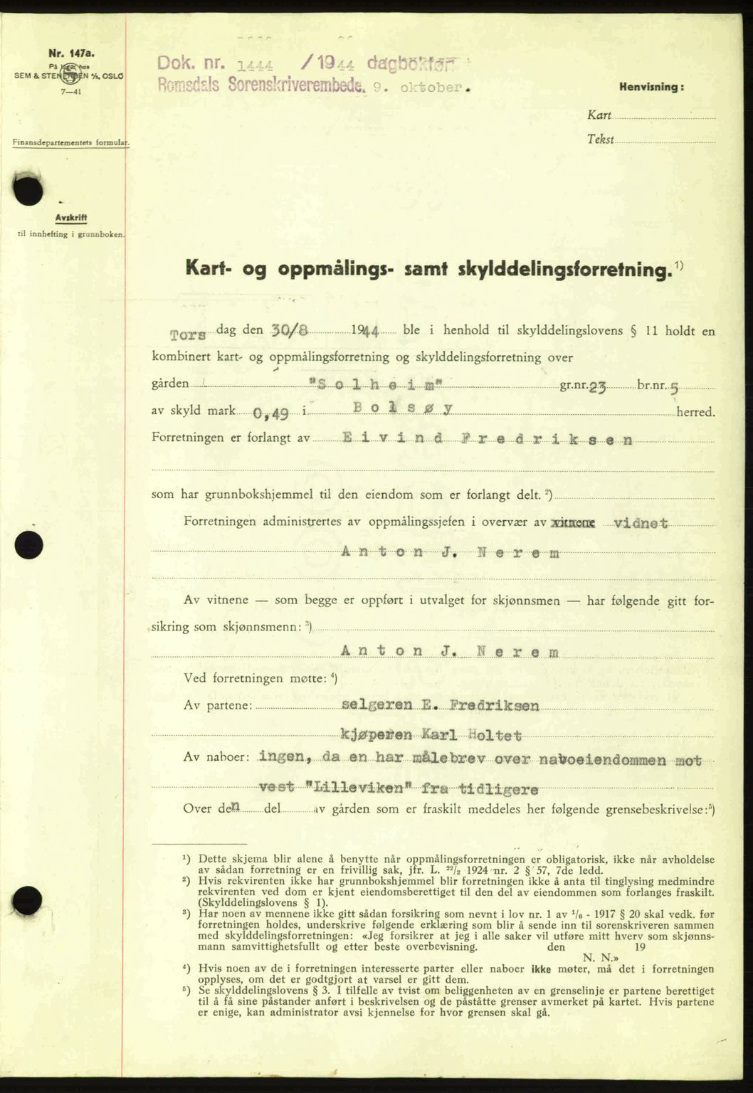 Romsdal sorenskriveri, AV/SAT-A-4149/1/2/2C: Mortgage book no. A17, 1944-1945, Diary no: : 1444/1944