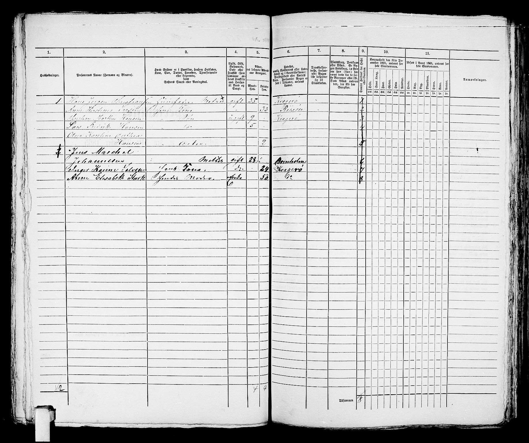 RA, 1865 census for Kragerø/Kragerø, 1865, p. 749