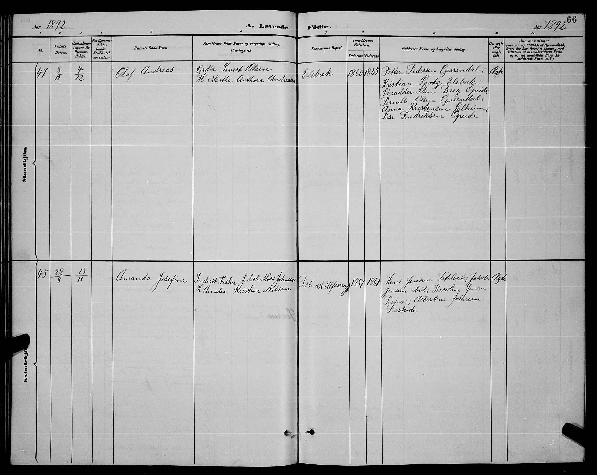 Ministerialprotokoller, klokkerbøker og fødselsregistre - Nordland, SAT/A-1459/859/L0859: Parish register (copy) no. 859C05, 1887-1898, p. 66