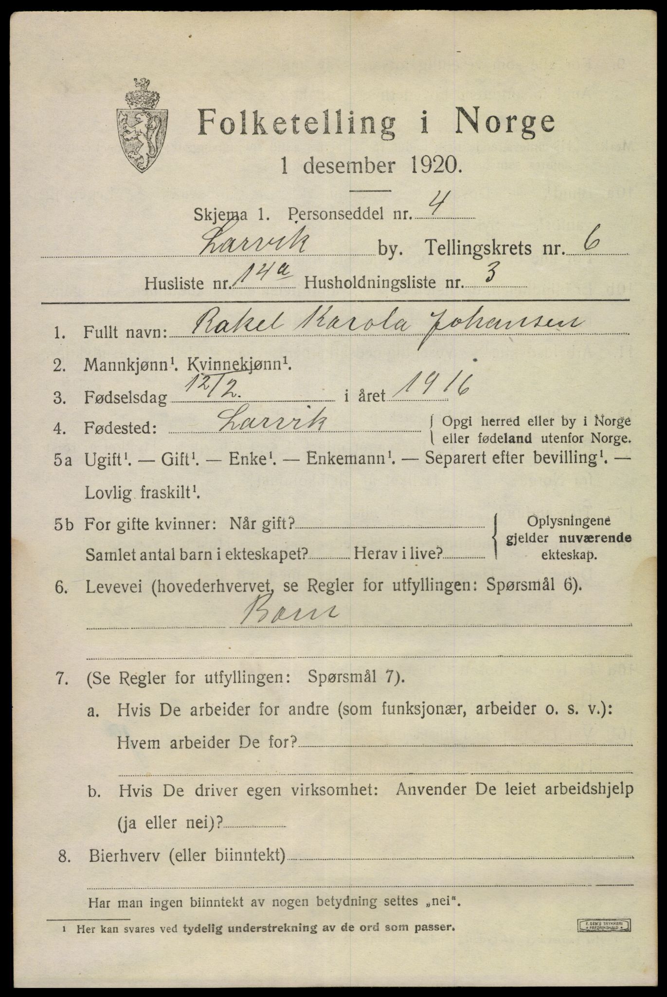 SAKO, 1920 census for Larvik, 1920, p. 18242