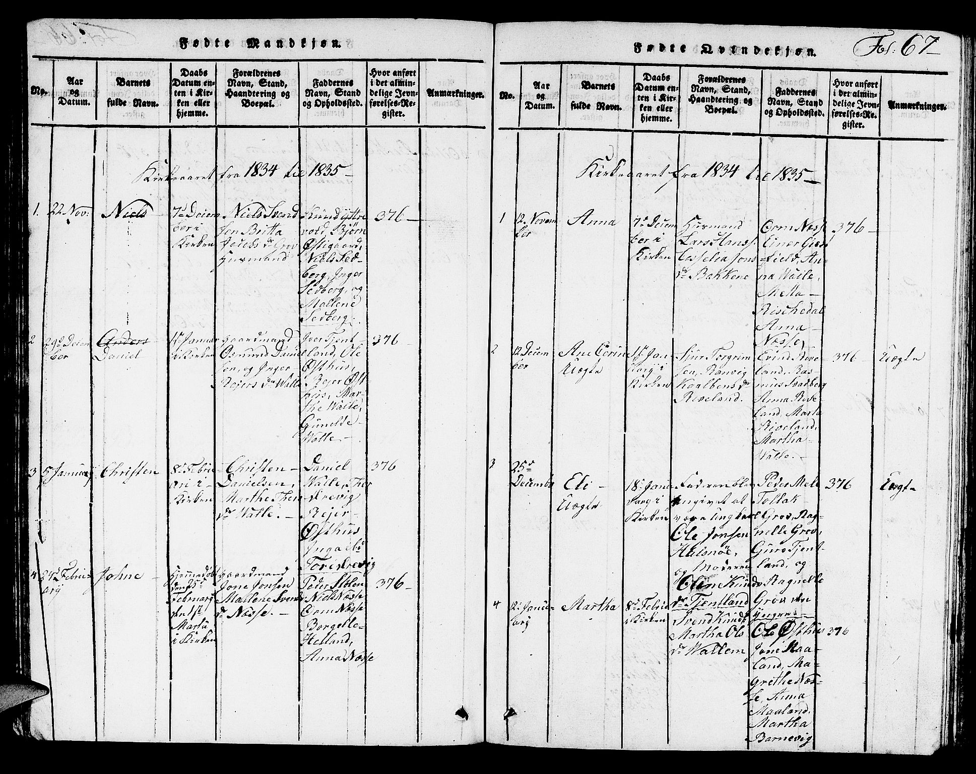 Hjelmeland sokneprestkontor, AV/SAST-A-101843/01/V/L0002: Parish register (copy) no. B 2, 1816-1841, p. 67