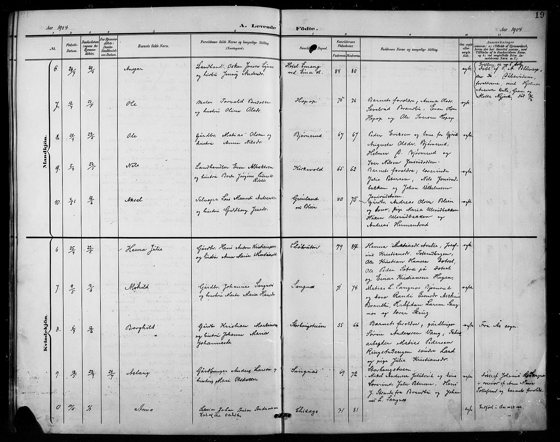 Vestre Toten prestekontor, SAH/PREST-108/H/Ha/Hab/L0016: Parish register (copy) no. 16, 1901-1915, p. 19