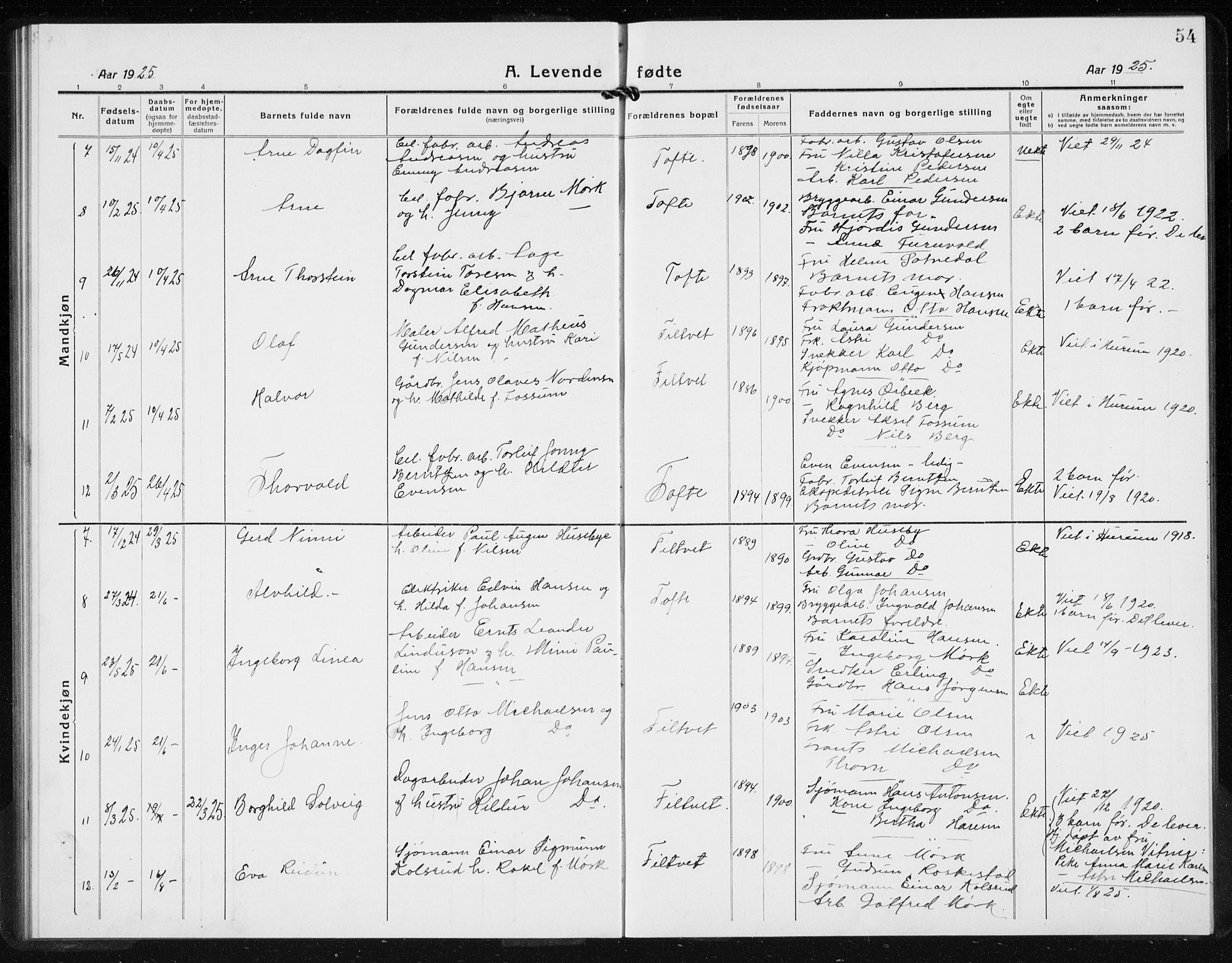 Hurum kirkebøker, AV/SAKO-A-229/G/Gb/L0001: Parish register (copy) no. II 1, 1917-1934, p. 54