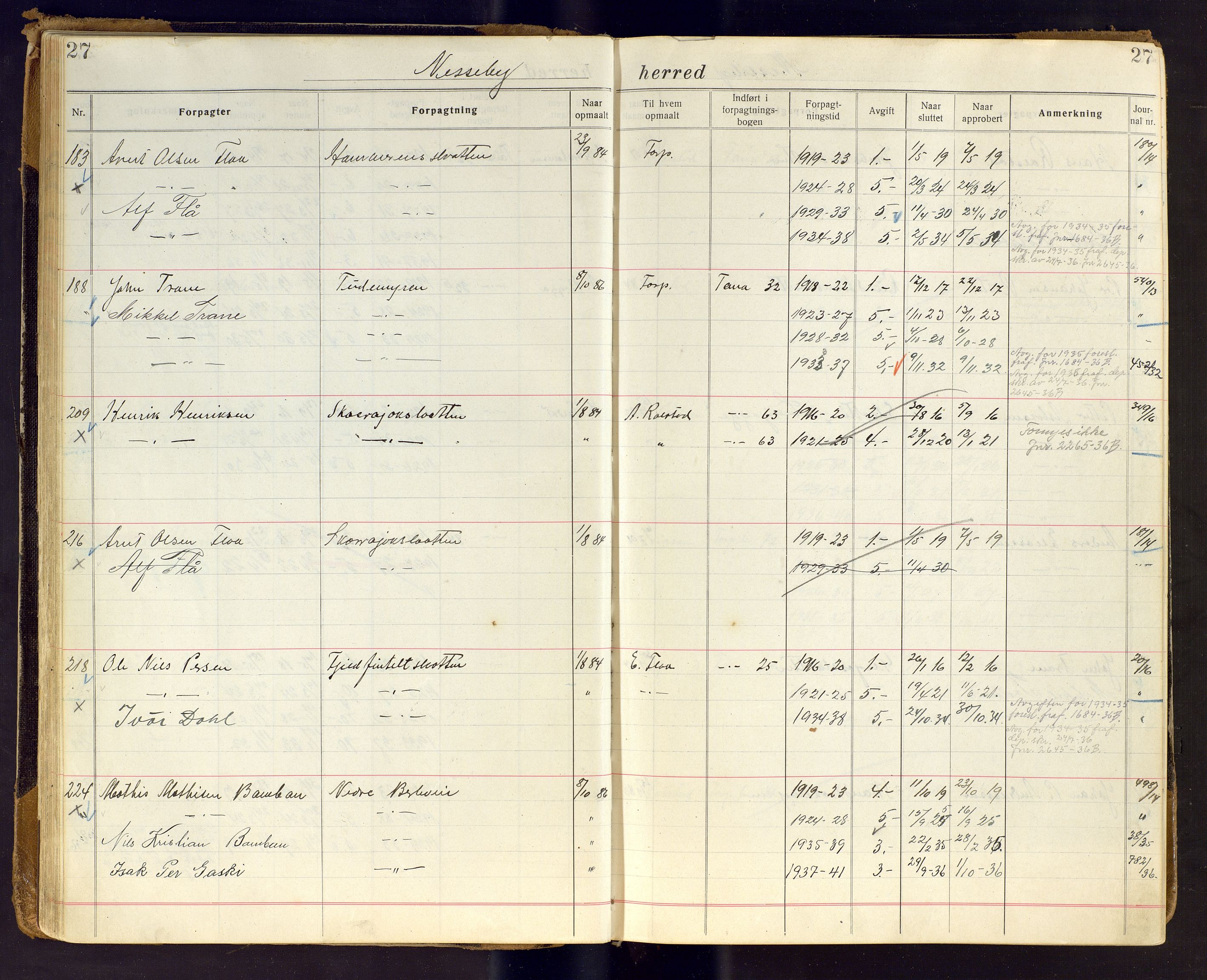 Finnmark jordsalgskommisjon/jordsalgskontor og Statskog SF Finnmark jordsalgskontor, AV/SATØ-S-1443/J/Ja/L0007: Forpaktningsbok for Finnmark III, 1913-1937, p. 27