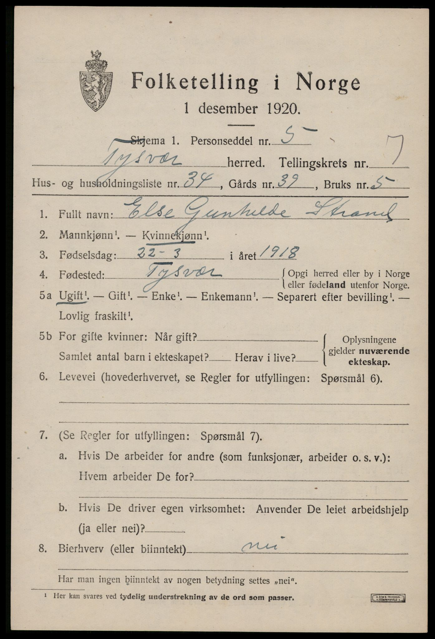 SAST, 1920 census for Tysvær, 1920, p. 2770