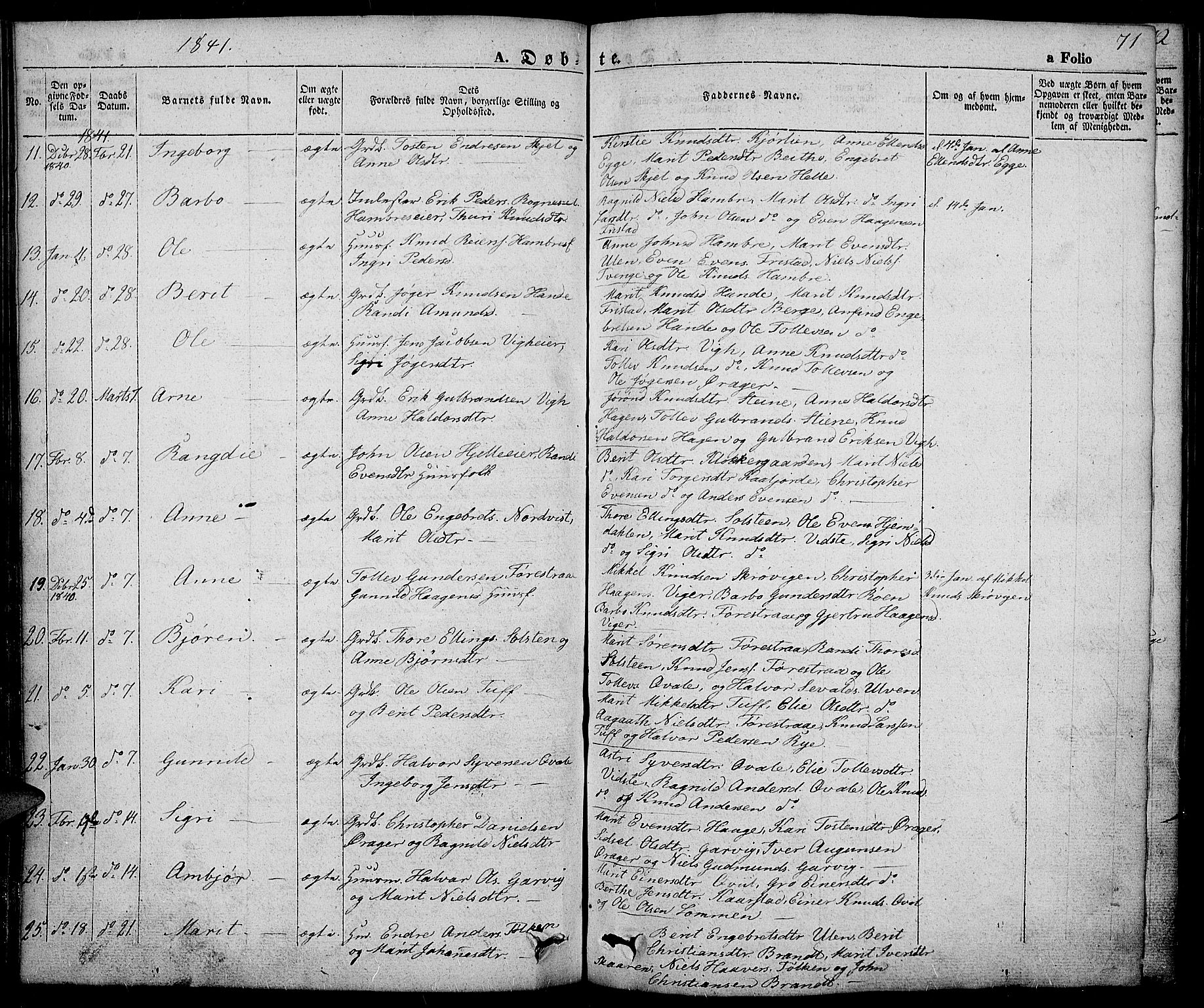 Slidre prestekontor, SAH/PREST-134/H/Ha/Haa/L0003: Parish register (official) no. 3, 1831-1843, p. 71