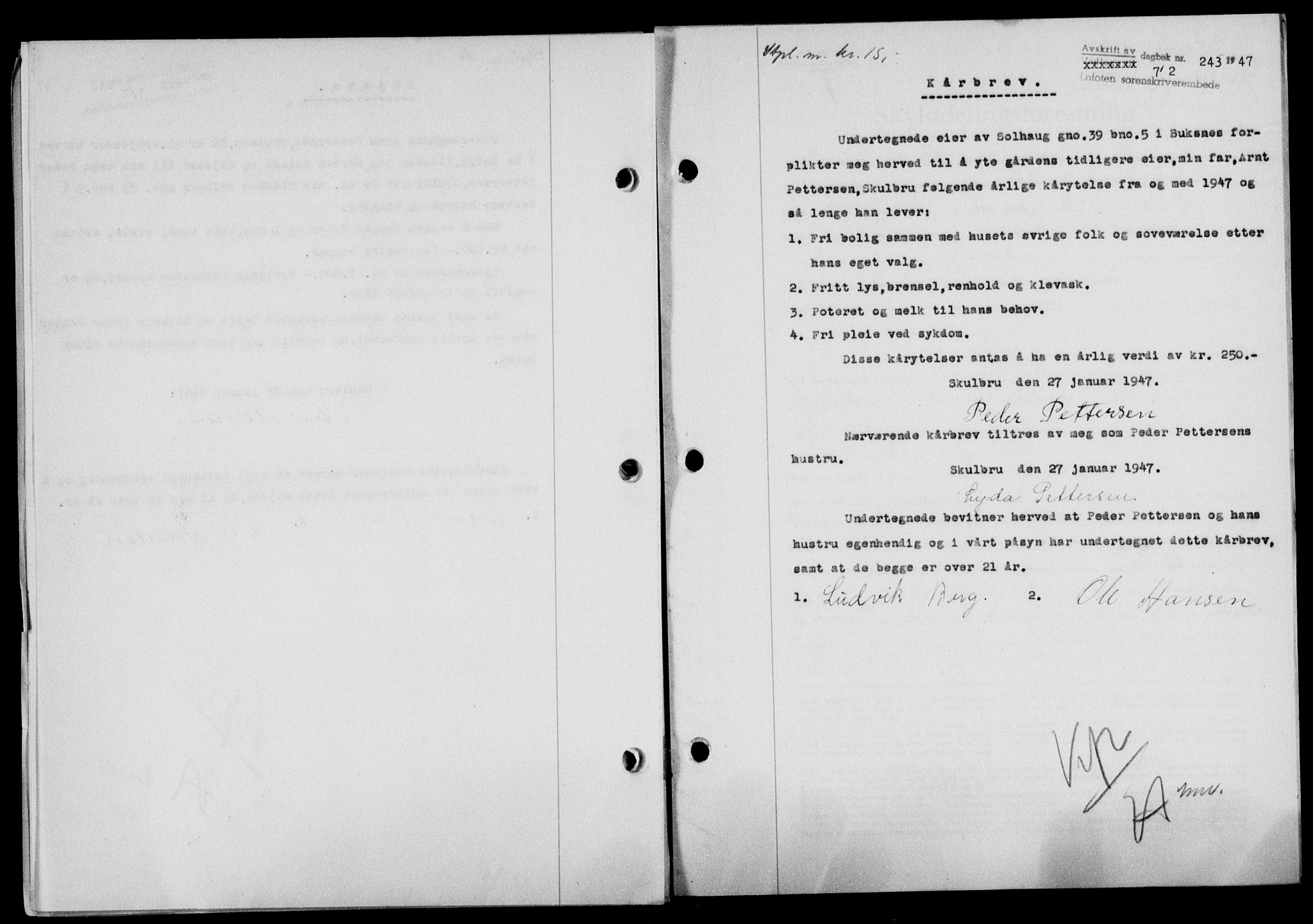 Lofoten sorenskriveri, SAT/A-0017/1/2/2C/L0015a: Mortgage book no. 15a, 1946-1947, Diary no: : 243/1947