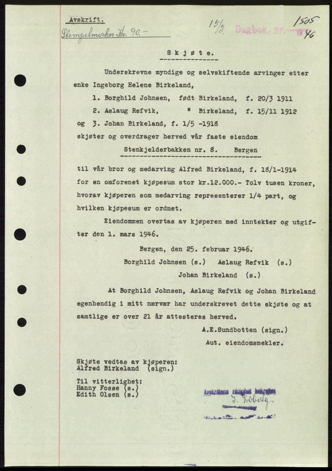 Byfogd og Byskriver i Bergen, SAB/A-3401/03/03Bc/L0022: Mortgage book no. A18, 1946-1946, Diary no: : 1505/1946