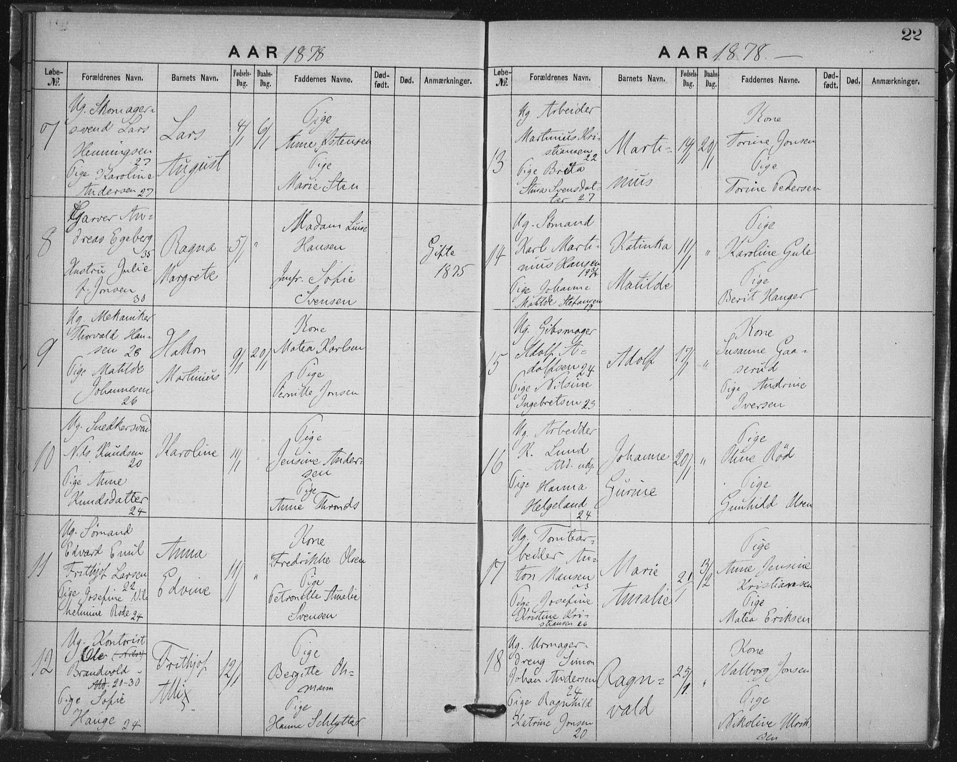 Rikshospitalet prestekontor Kirkebøker, AV/SAO-A-10309b/K/L0003/0001: Baptism register no. 3.1, 1877-1884, p. 22