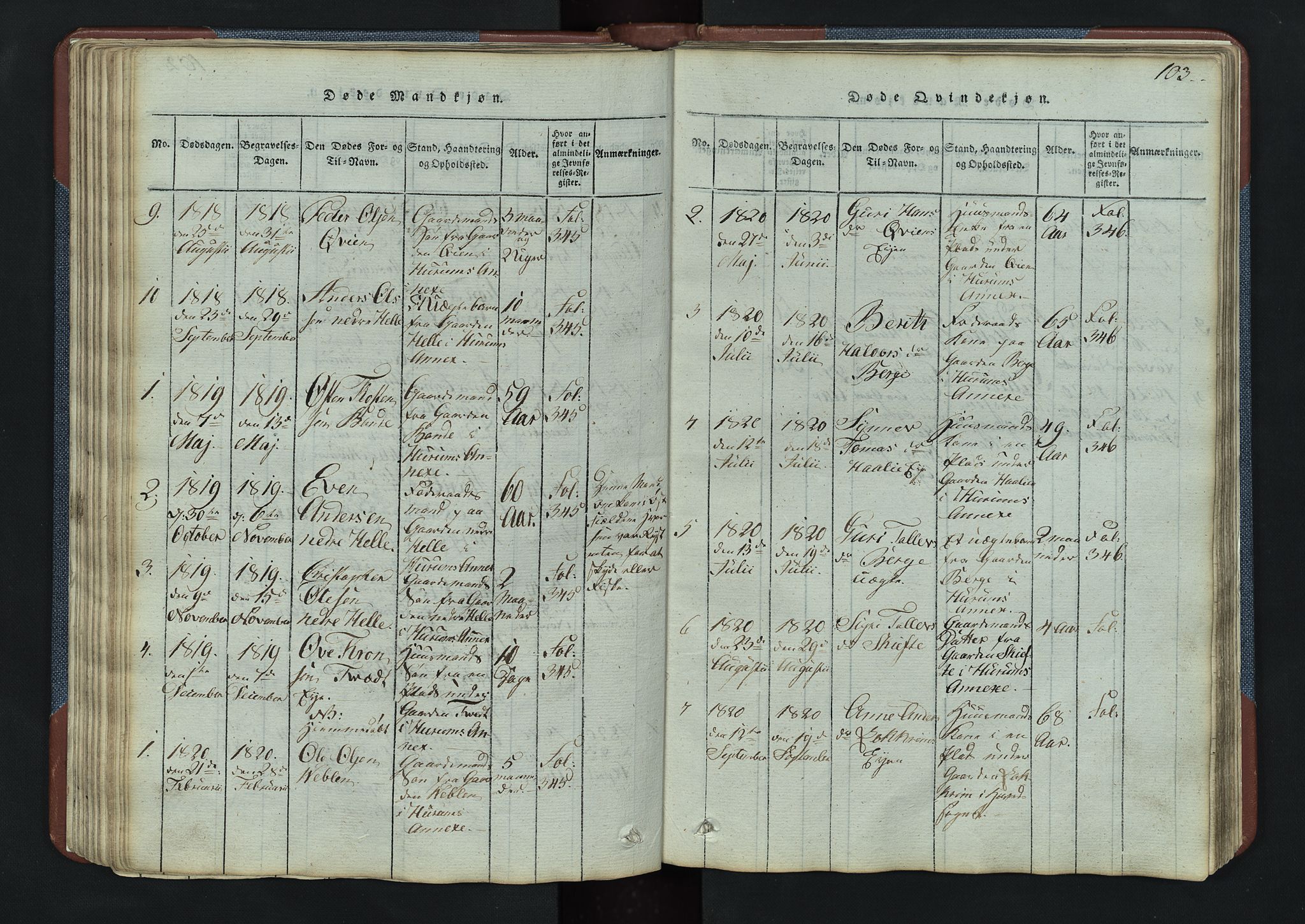Vang prestekontor, Valdres, SAH/PREST-140/H/Hb/L0003: Parish register (copy) no. 3, 1814-1892, p. 103