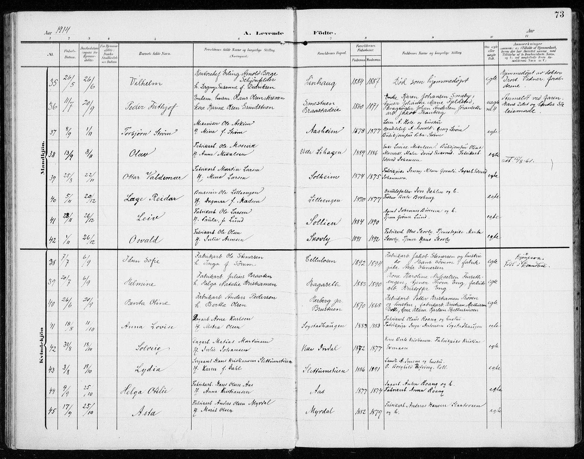 Vardal prestekontor, SAH/PREST-100/H/Ha/Haa/L0016: Parish register (official) no. 16, 1904-1916, p. 73