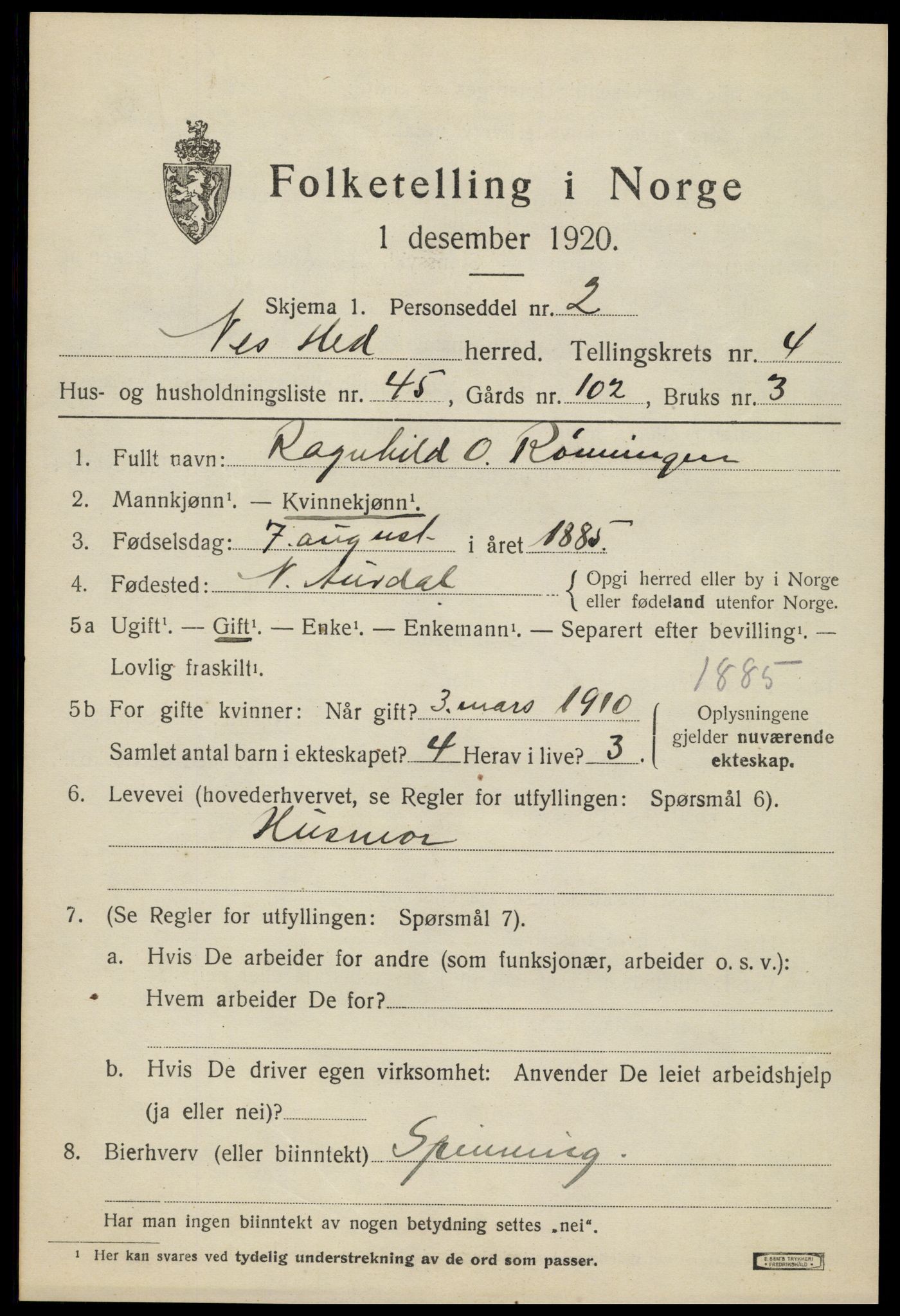 SAH, 1920 census for Nes (Hedmark), 1920, p. 6104