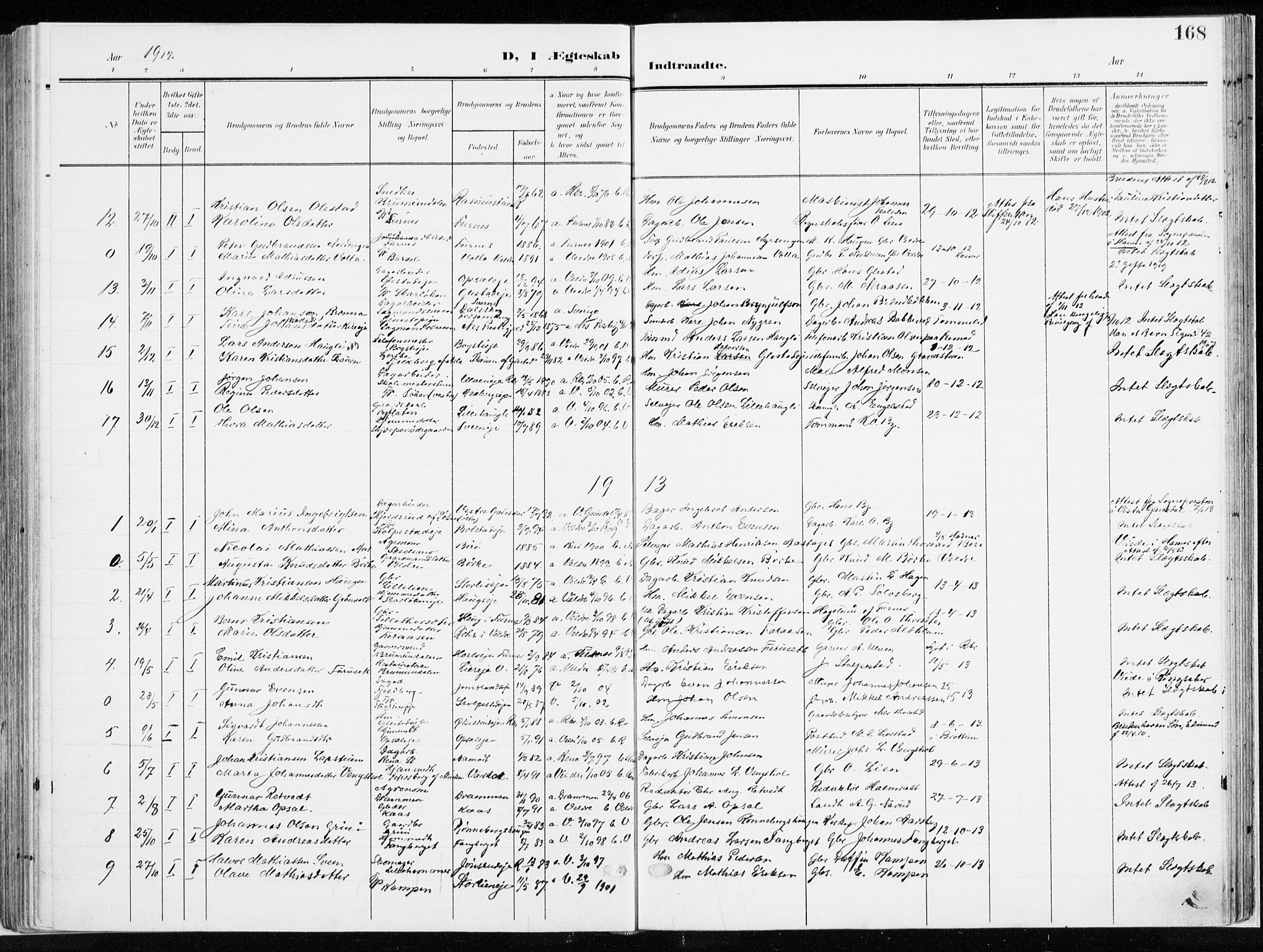 Ringsaker prestekontor, SAH/PREST-014/K/Ka/L0019: Parish register (official) no. 19, 1905-1920, p. 168