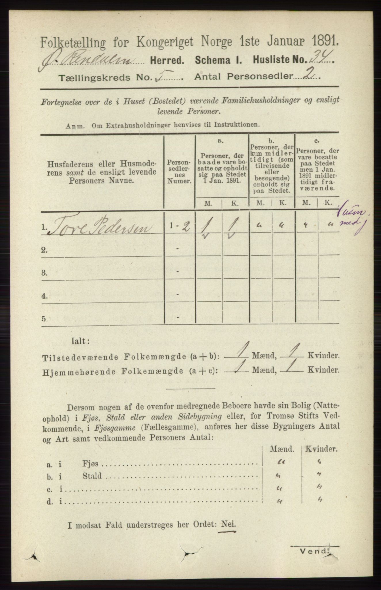 RA, 1891 census for 0433 Øvre Rendal, 1891, p. 1300