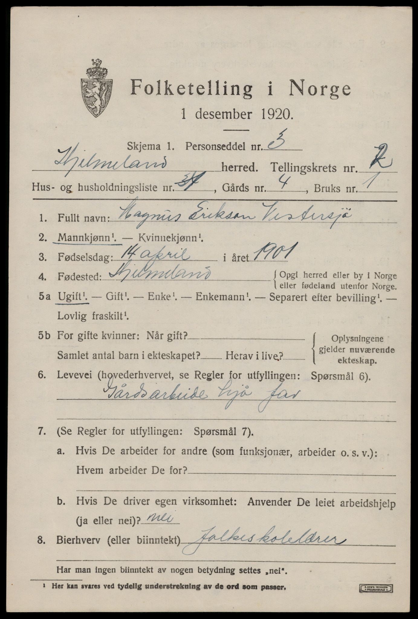 SAST, 1920 census for Hjelmeland, 1920, p. 1075