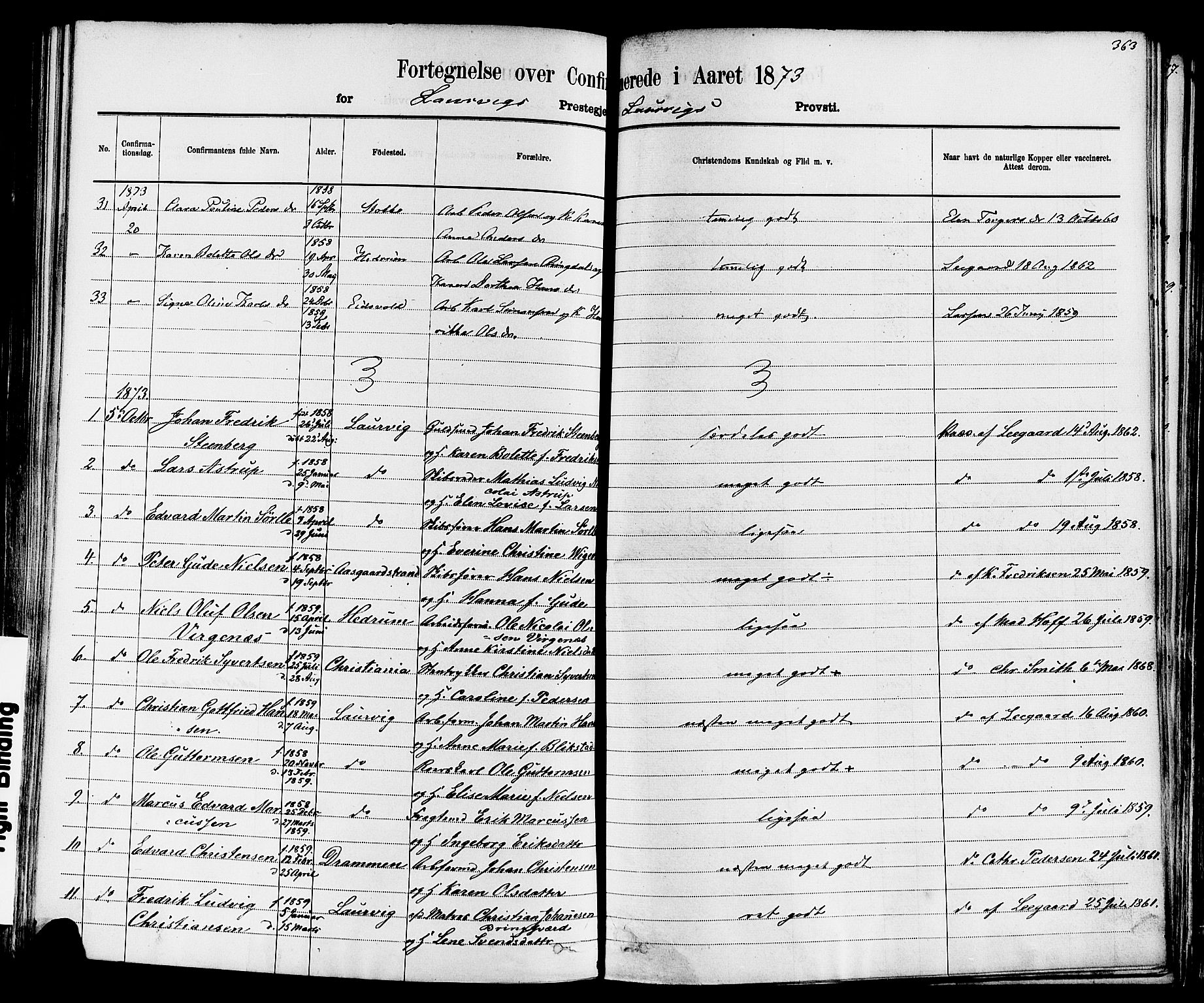 Larvik kirkebøker, AV/SAKO-A-352/F/Fa/L0006: Parish register (official) no. I 6, 1871-1883, p. 363