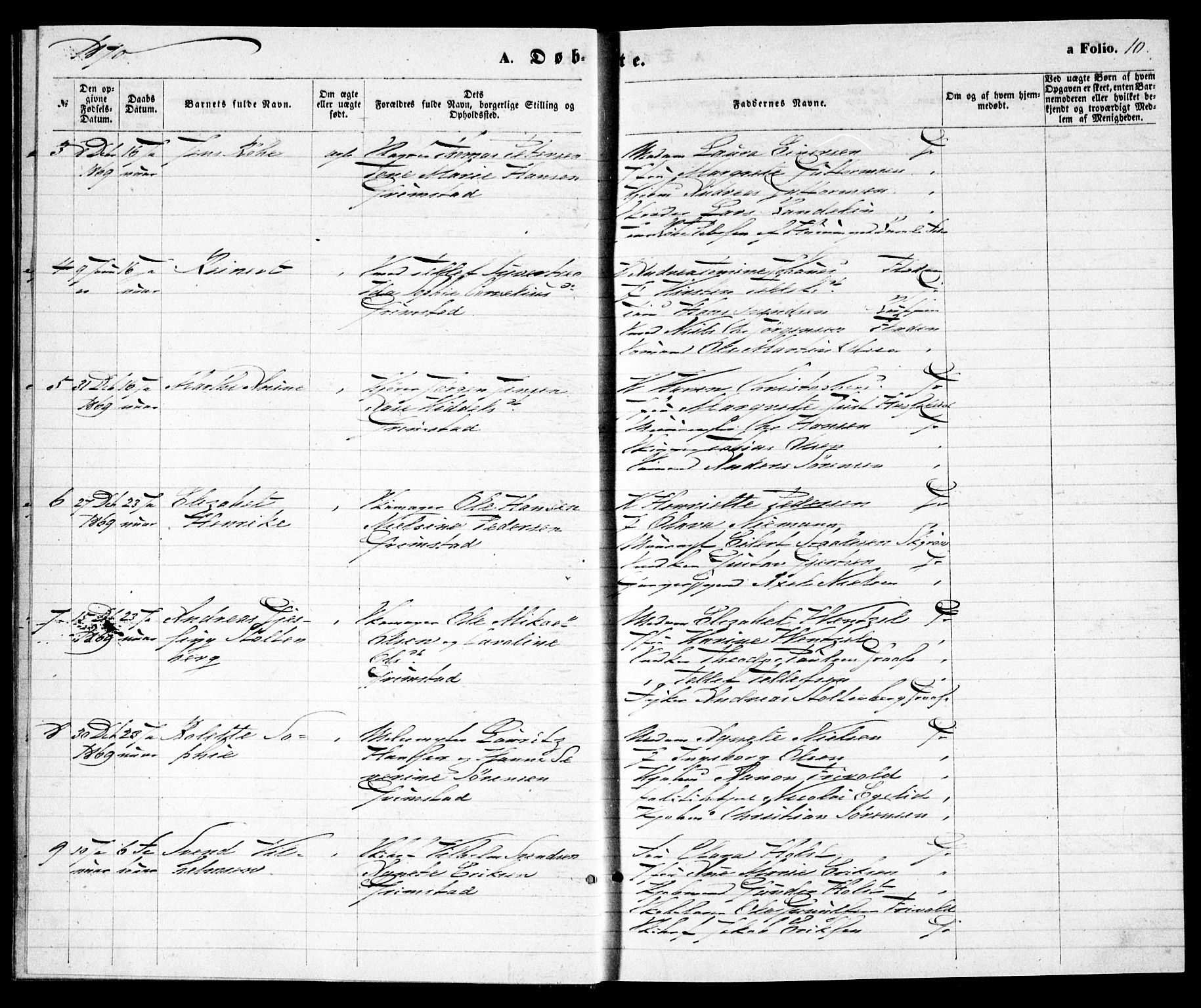 Grimstad sokneprestkontor, SAK/1111-0017/F/Fa/L0002: Parish register (official) no. A 1, 1869-1881, p. 10
