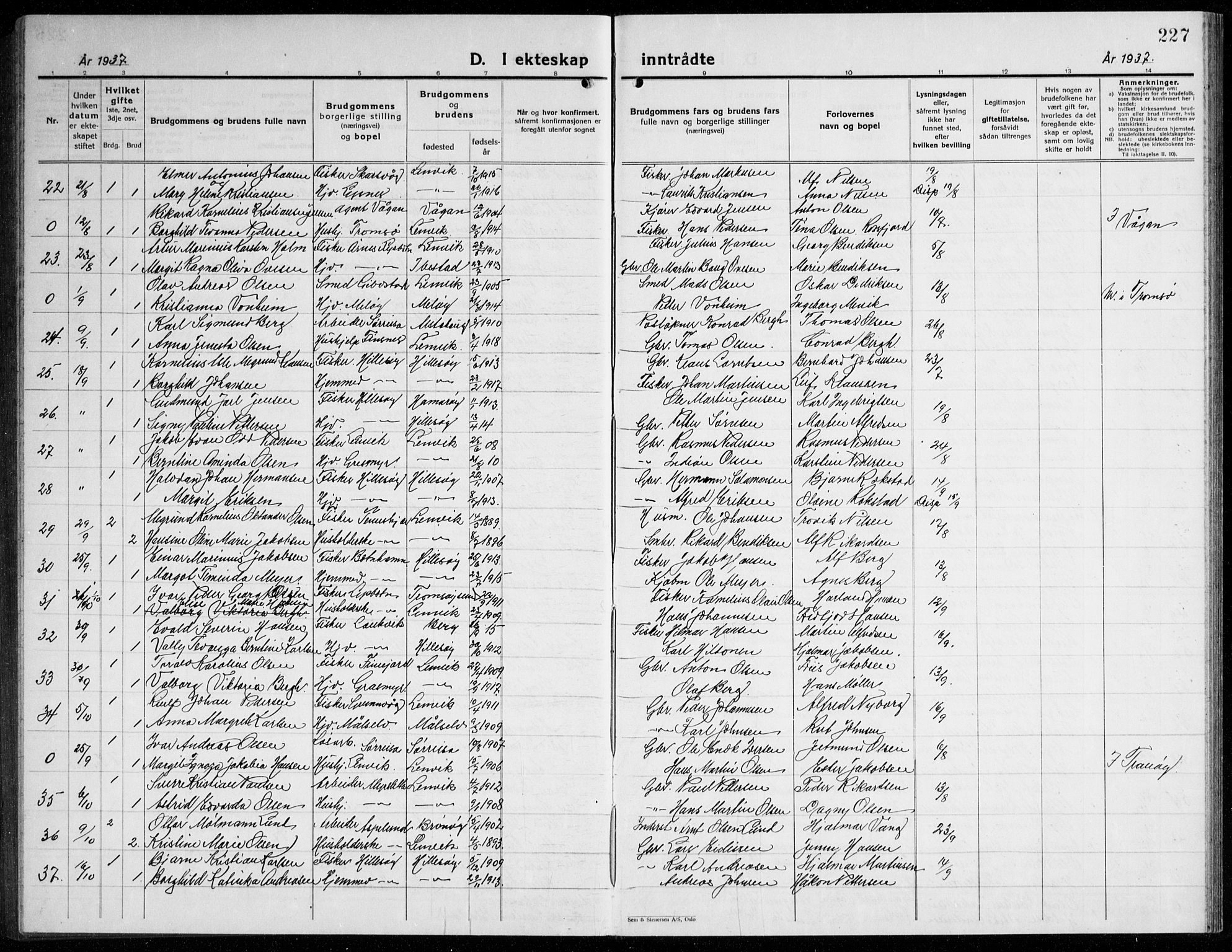 Lenvik sokneprestembete, AV/SATØ-S-1310/H/Ha/Hab/L0010klokker: Parish register (copy) no. 10, 1927-1945, p. 227