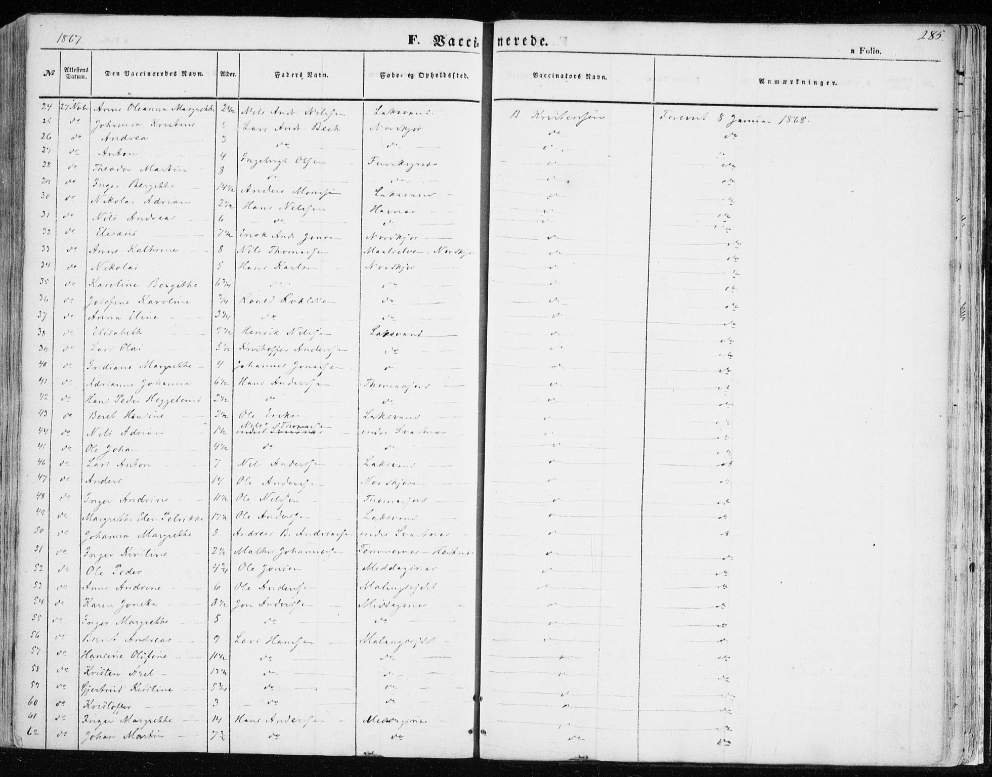 Balsfjord sokneprestembete, SATØ/S-1303/G/Ga/L0003kirke: Parish register (official) no. 3, 1856-1870, p. 285