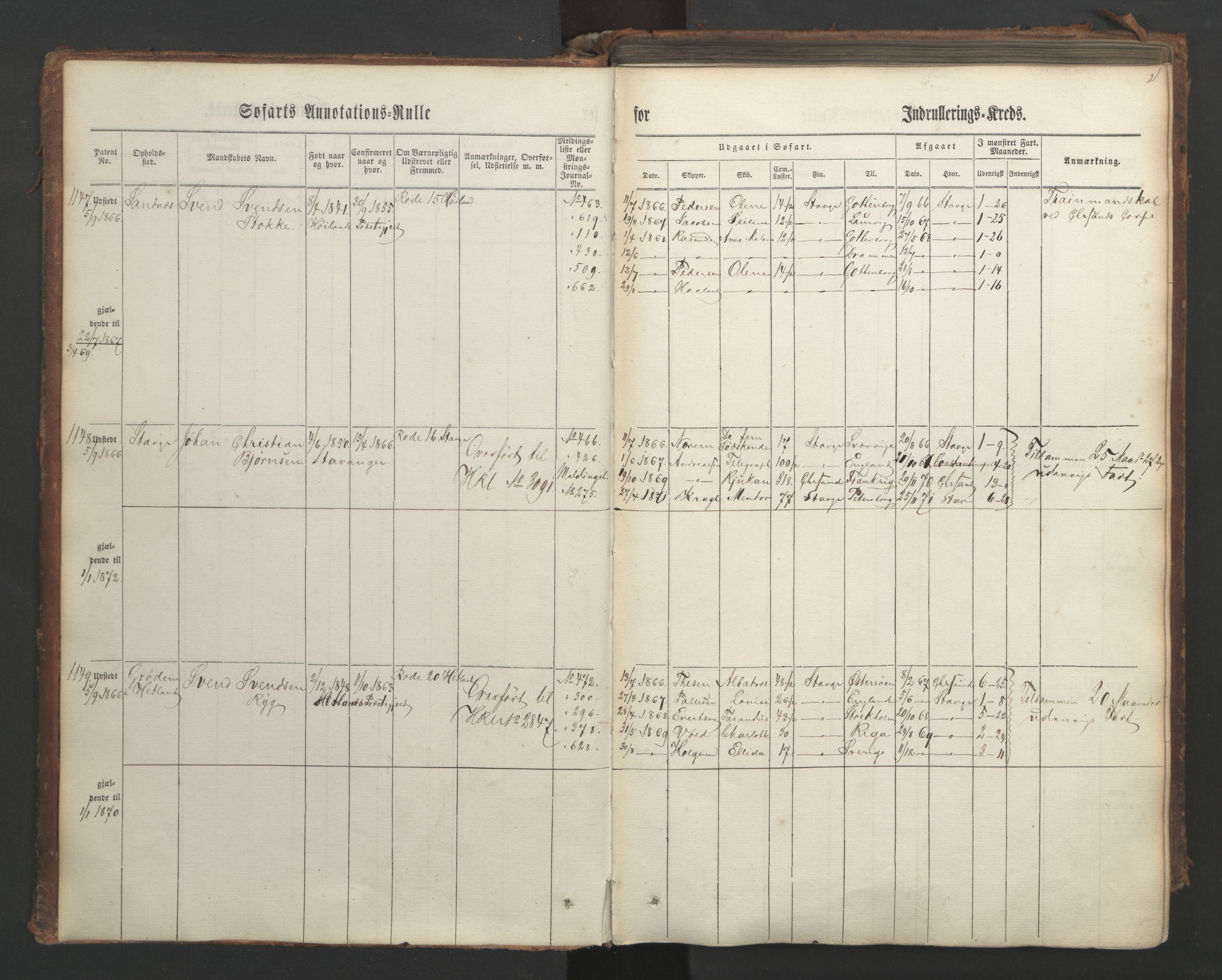 Stavanger sjømannskontor, AV/SAST-A-102006/F/Ff/L0003: Annotasjonsrulle, patentnr. 1144-1761, 1866, p. 5