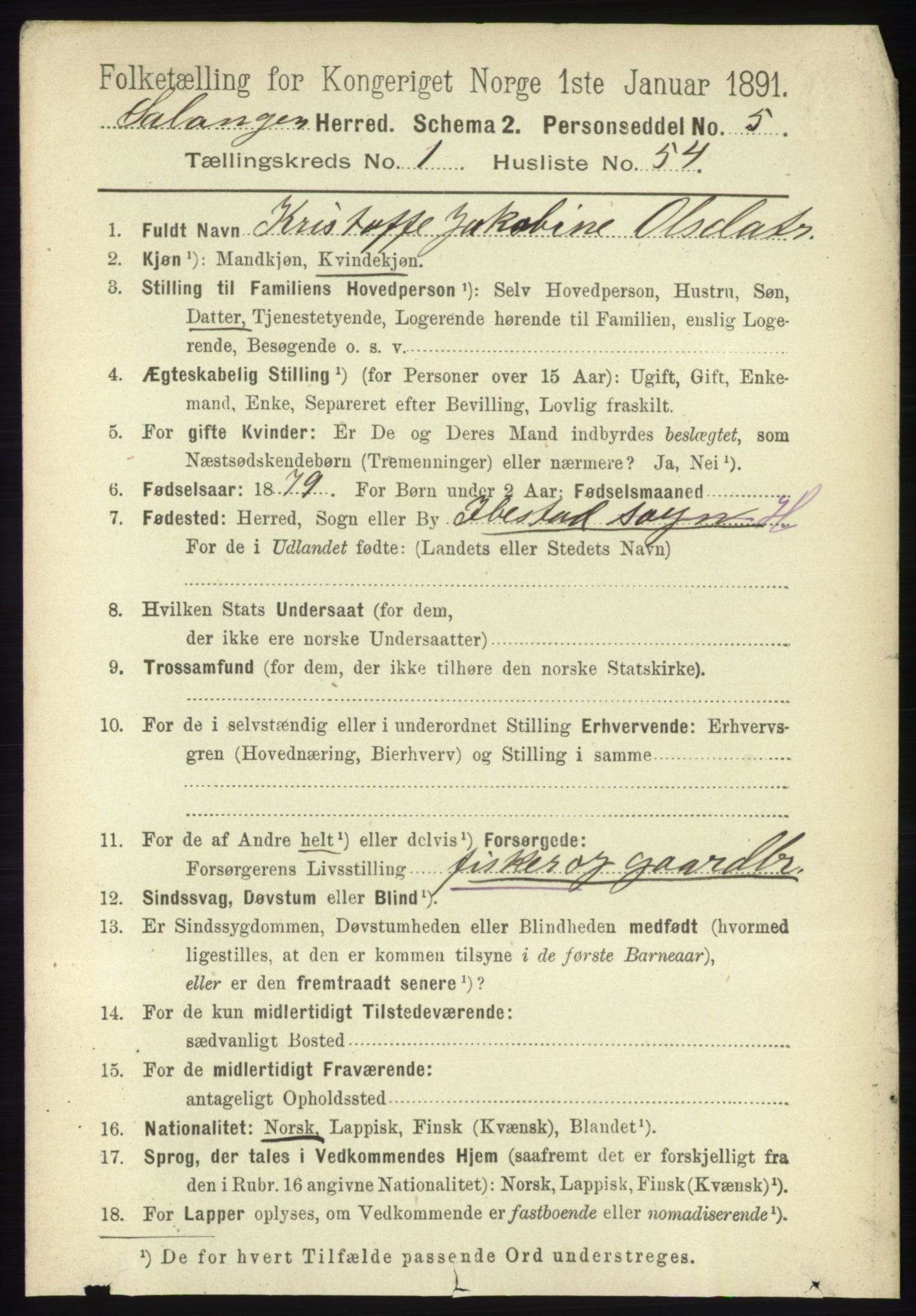 RA, 1891 census for 1921 Salangen, 1891, p. 463