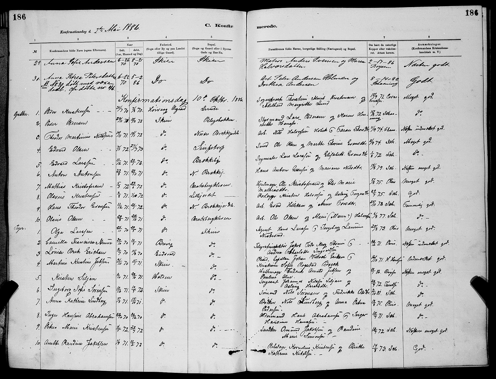 Skien kirkebøker, SAKO/A-302/G/Ga/L0006: Parish register (copy) no. 6, 1881-1890, p. 186
