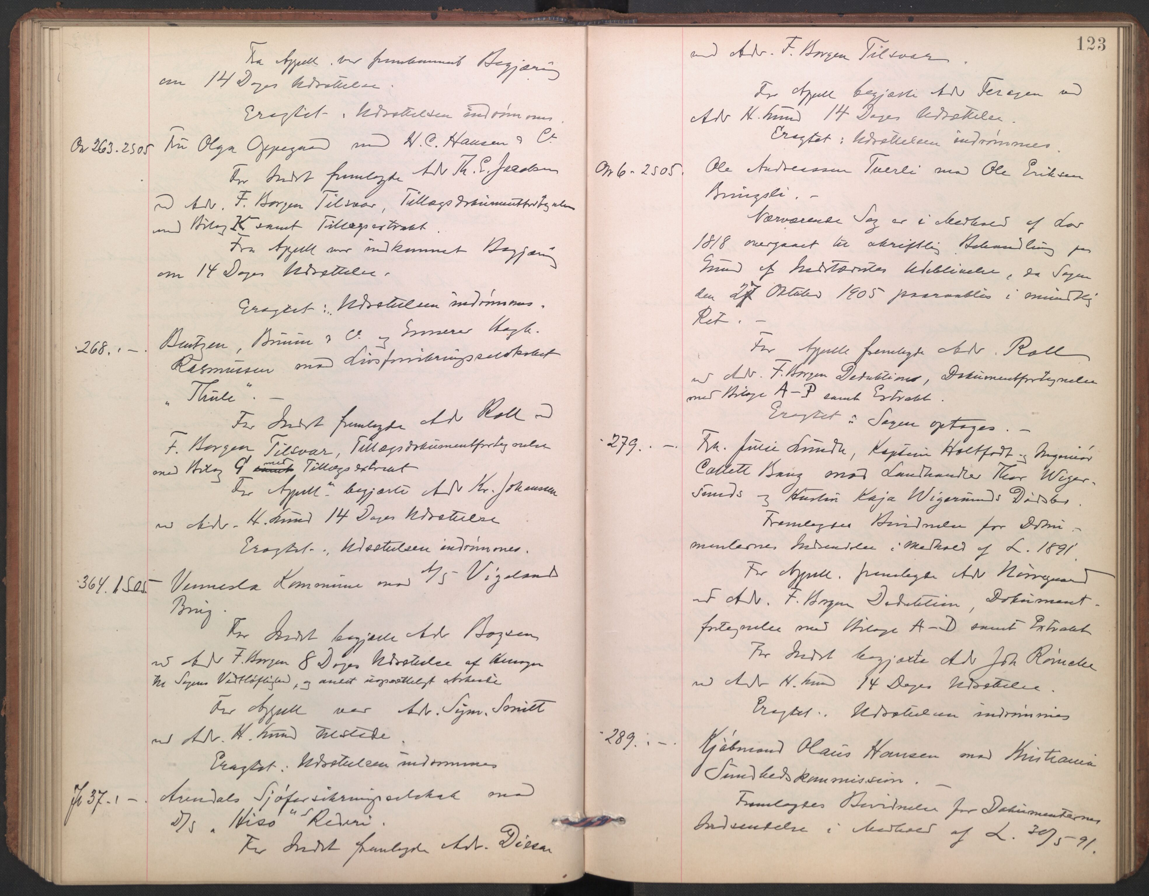 Høyesterett, AV/RA-S-1002/E/Ef/L0021: Protokoll over saker som gikk til skriftlig behandling, 1904-1907, p. 122b-123a