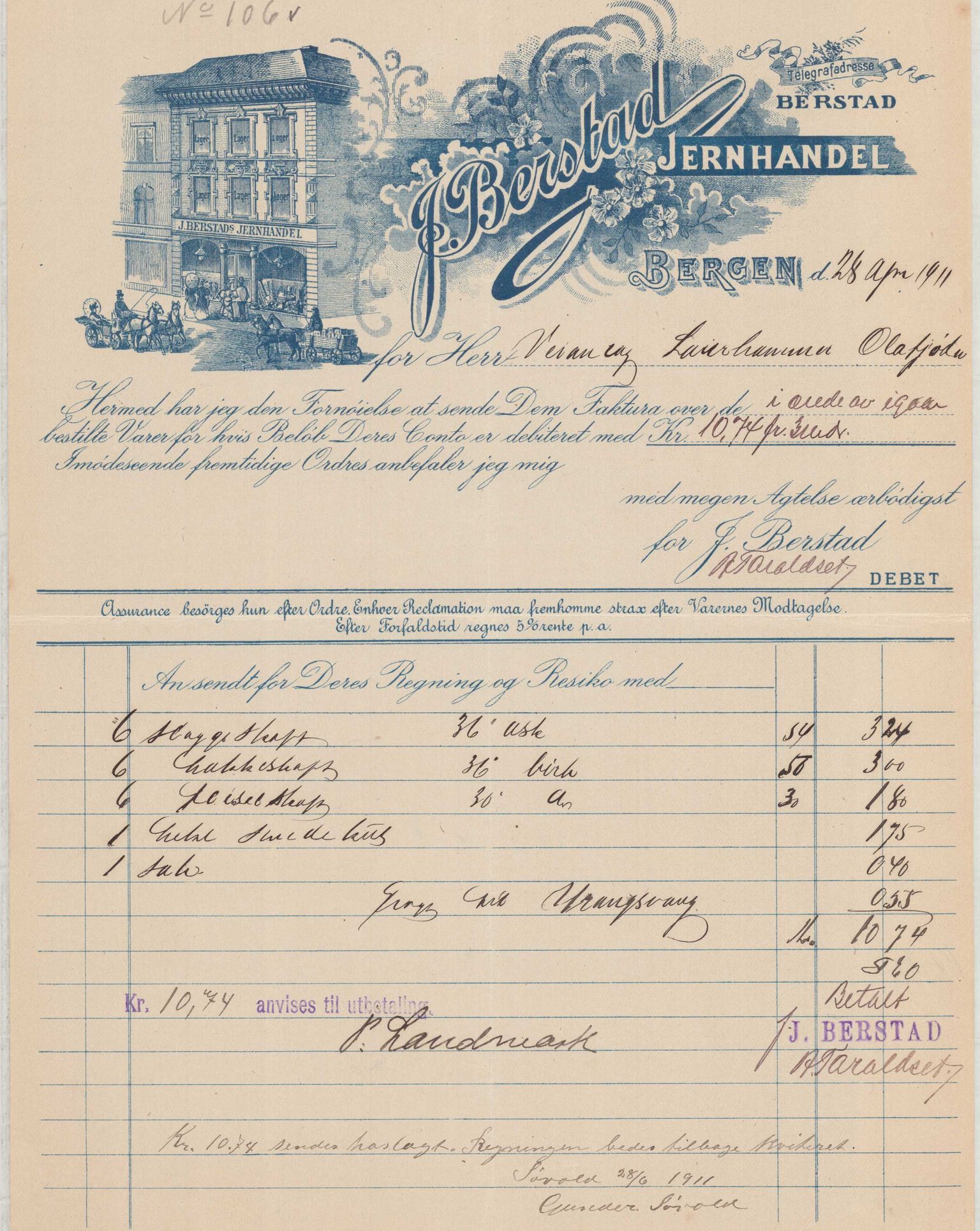 Finnaas kommune. Formannskapet, IKAH/1218a-021/E/Ea/L0001/0003: Rekneskap for veganlegg / Rekneskap for veganlegget Laurhammer - Olakjødn, 1909-1911, p. 75