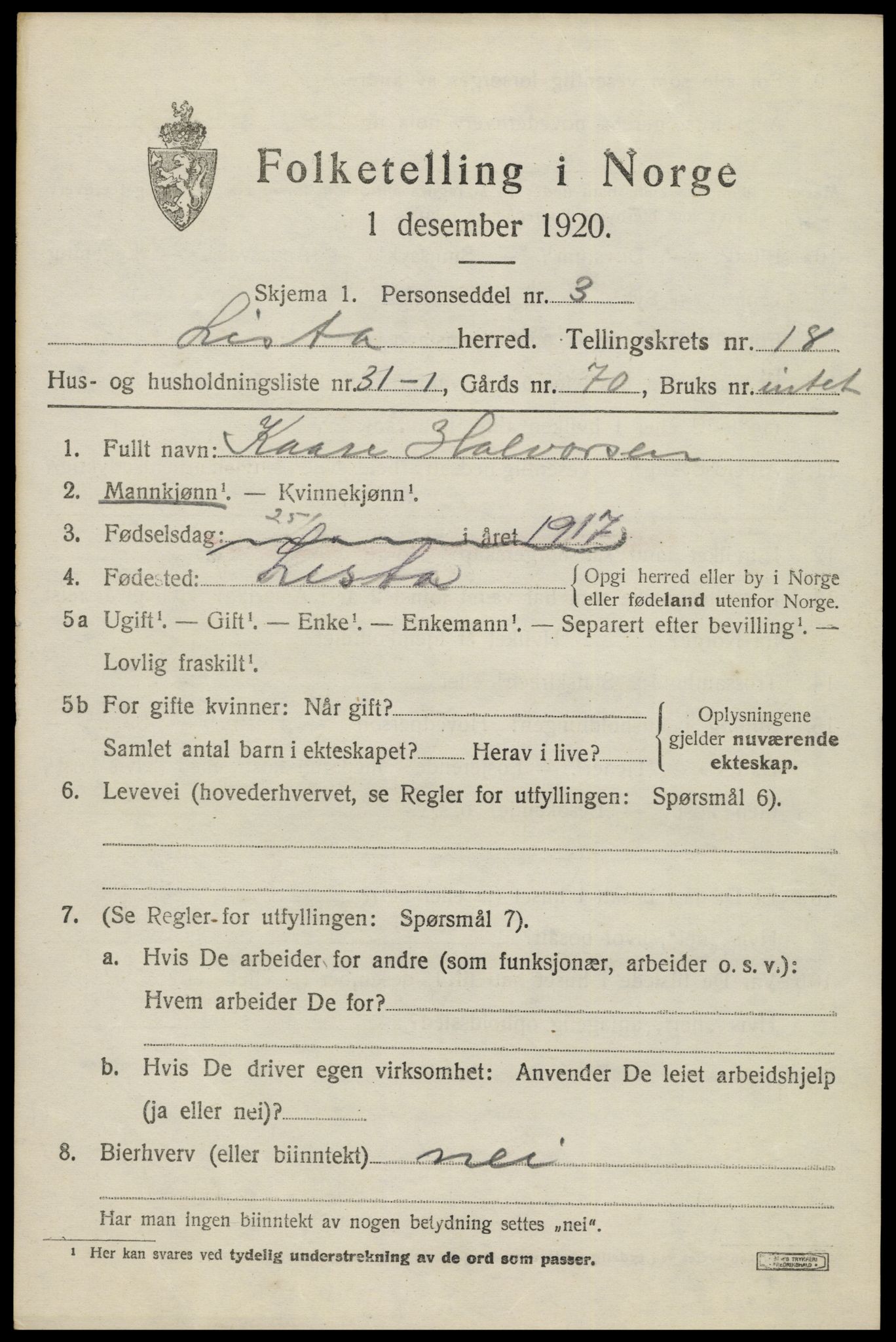 SAK, 1920 census for Lista, 1920, p. 14053