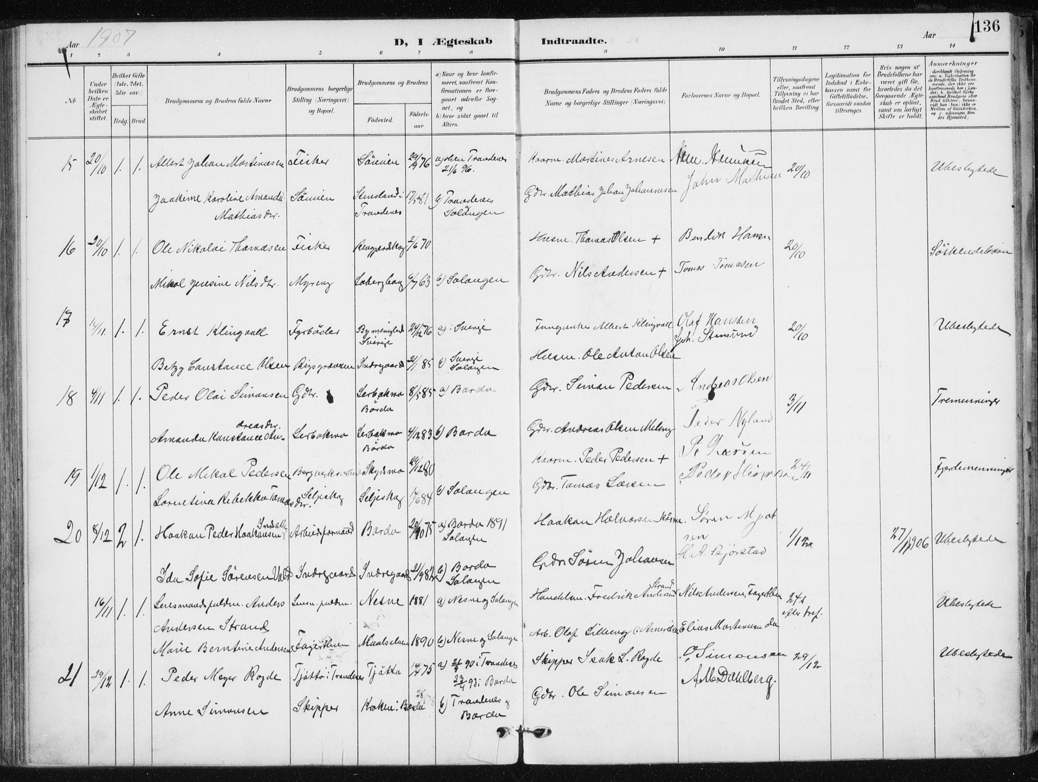 Salangen sokneprestembete, SATØ/S-1324/H/Ha/L0002kirke: Parish register (official) no. 2, 1902-1911, p. 136