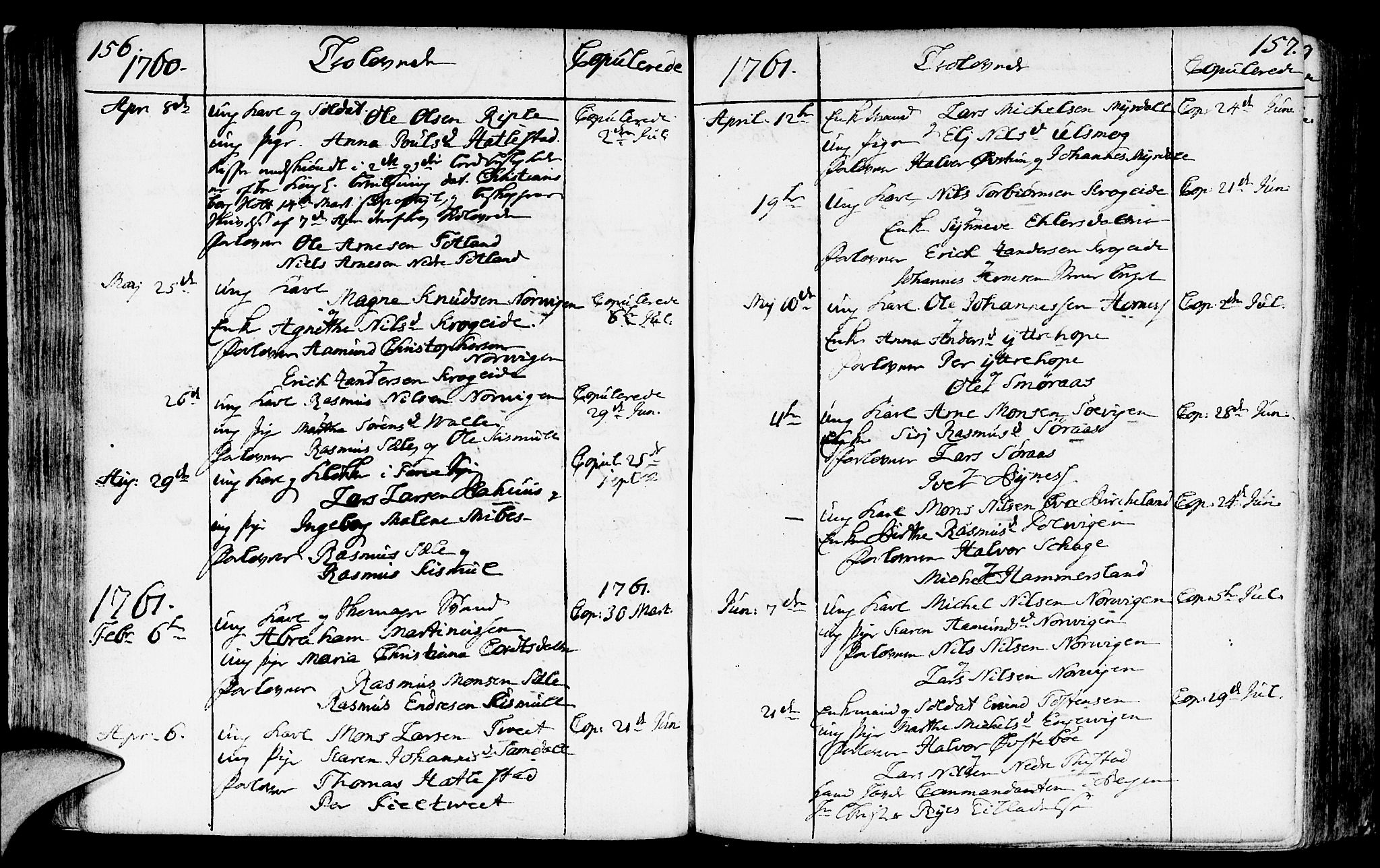 Fana Sokneprestembete, SAB/A-75101/H/Haa/Haaa/L0004: Parish register (official) no. A 4, 1757-1774, p. 156-157