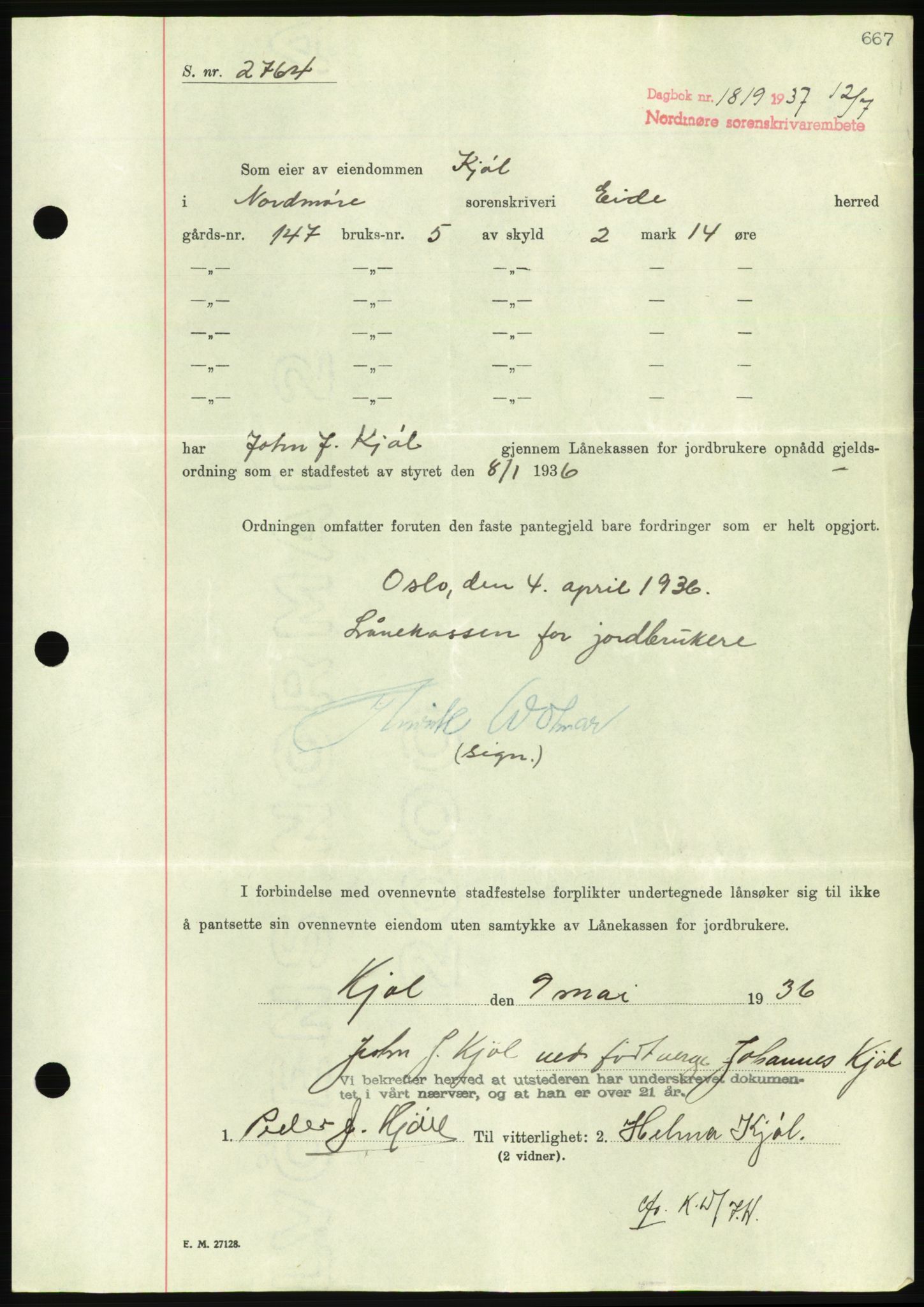 Nordmøre sorenskriveri, AV/SAT-A-4132/1/2/2Ca/L0091: Mortgage book no. B81, 1937-1937, Diary no: : 1819/1937