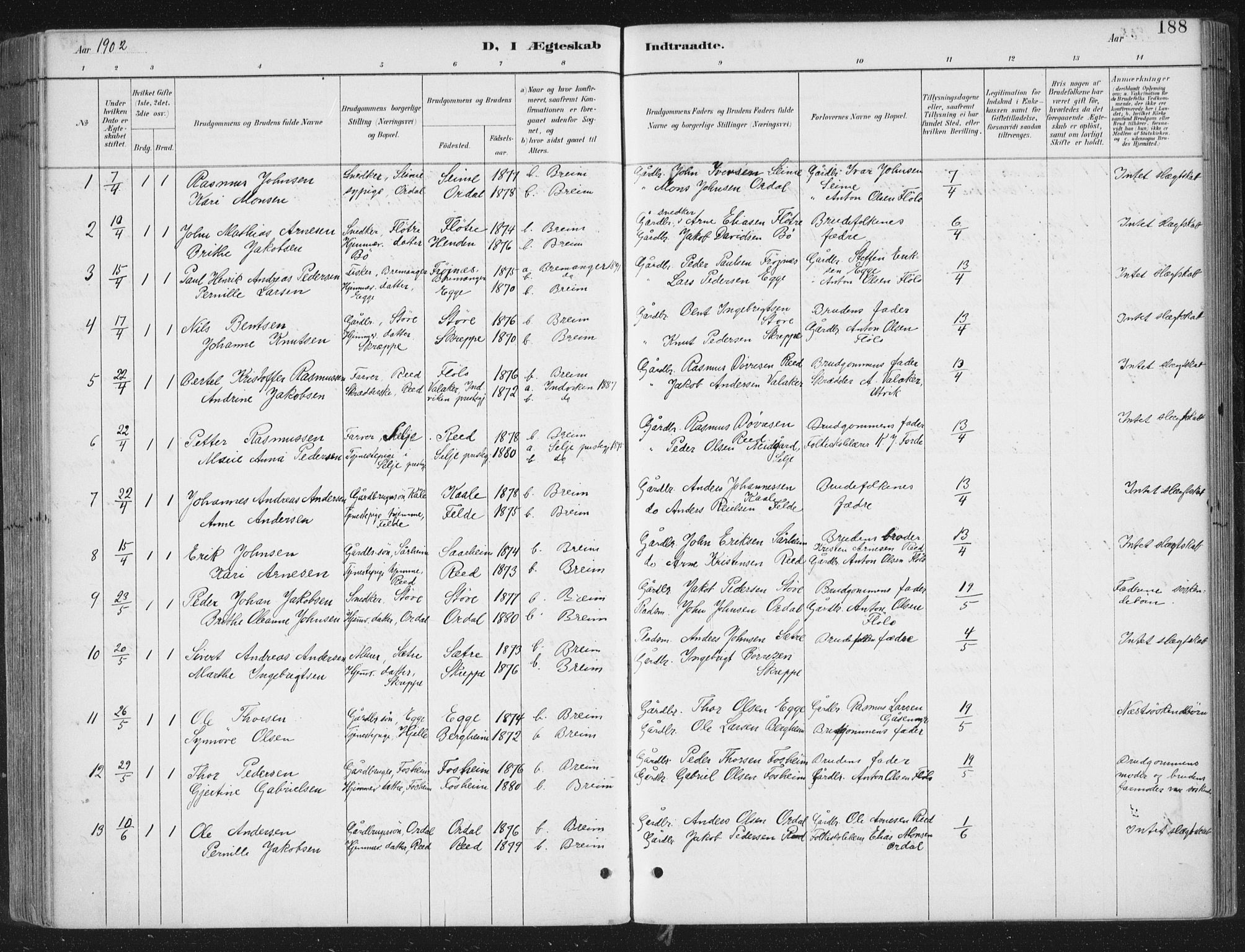 Gloppen sokneprestembete, SAB/A-80101/H/Haa/Haac/L0002: Parish register (official) no. C  2, 1887-1904, p. 188
