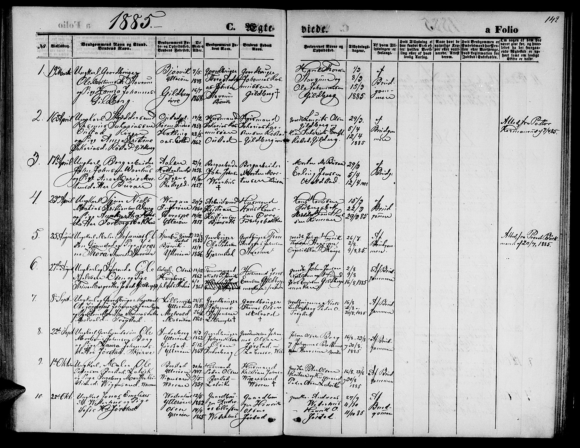 Ministerialprotokoller, klokkerbøker og fødselsregistre - Nord-Trøndelag, AV/SAT-A-1458/722/L0225: Parish register (copy) no. 722C01, 1871-1888, p. 142