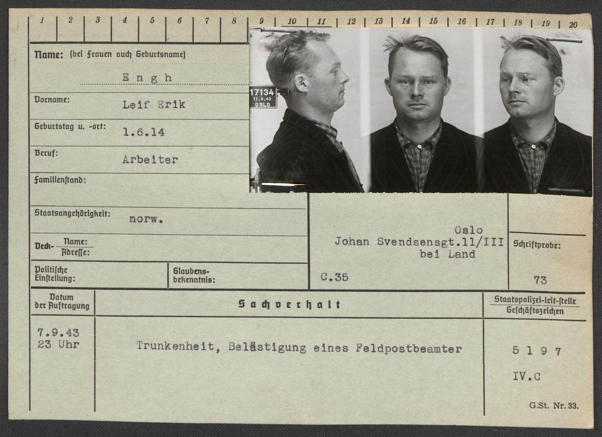 Befehlshaber der Sicherheitspolizei und des SD, AV/RA-RAFA-5969/E/Ea/Eaa/L0003: Register over norske fanger i Møllergata 19: Eng-Hag, 1940-1945, p. 14