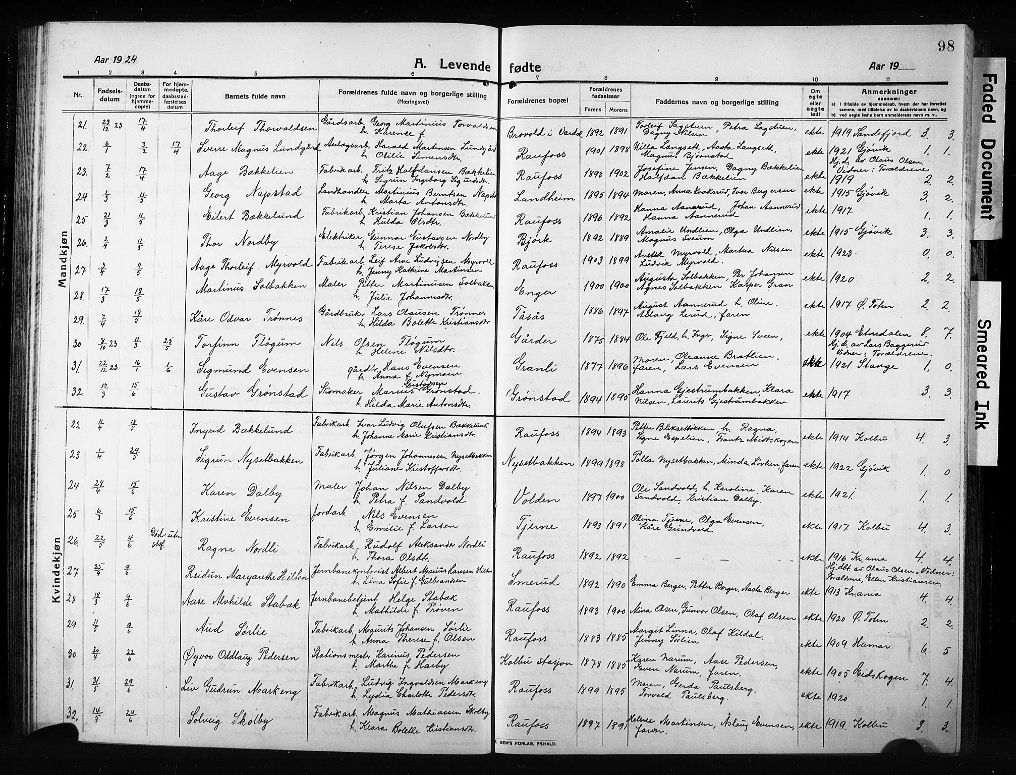 Vestre Toten prestekontor, AV/SAH-PREST-108/H/Ha/Hab/L0012: Parish register (copy) no. 12, 1909-1928, p. 98
