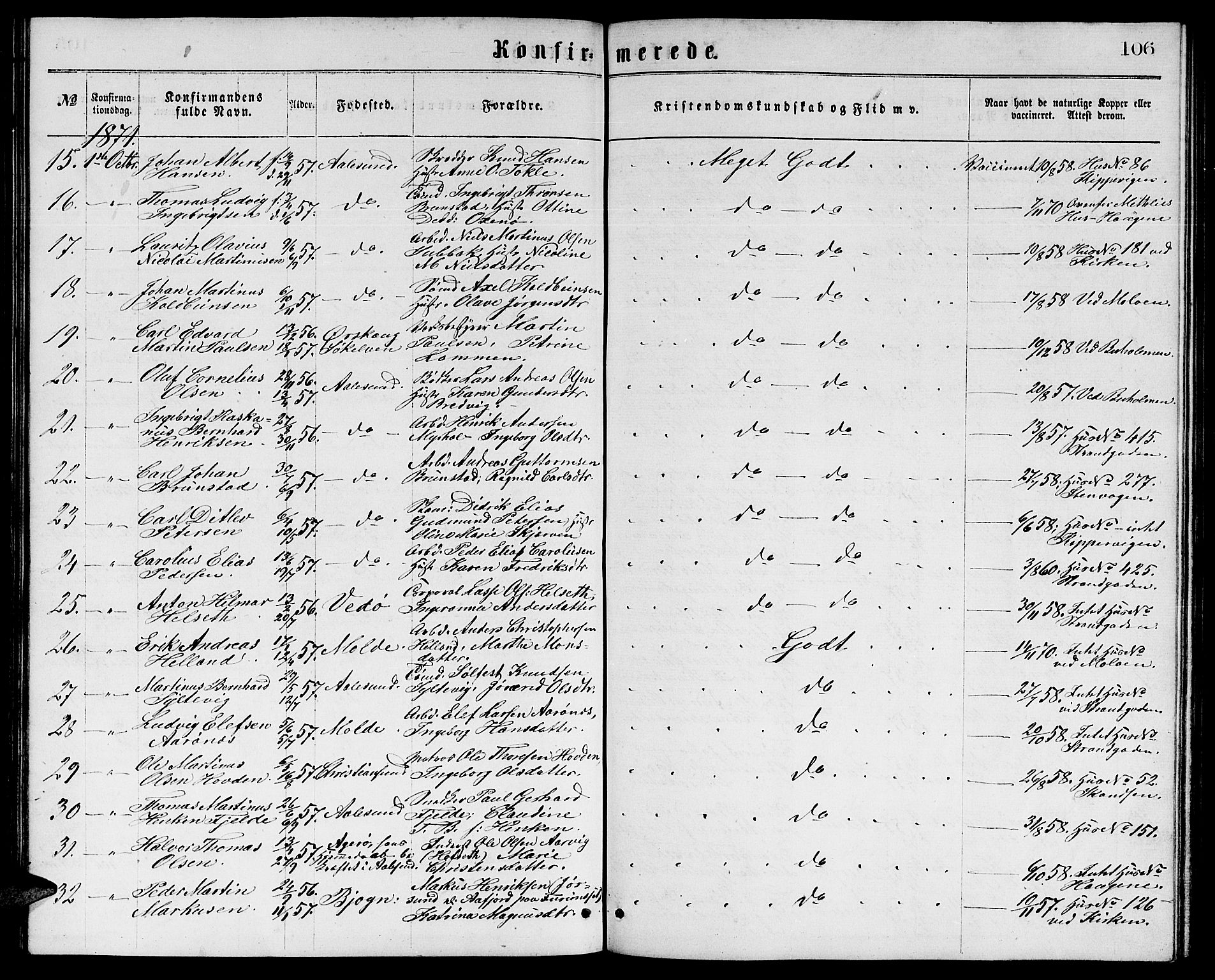 Ministerialprotokoller, klokkerbøker og fødselsregistre - Møre og Romsdal, AV/SAT-A-1454/529/L0465: Parish register (copy) no. 529C02, 1868-1877, p. 106